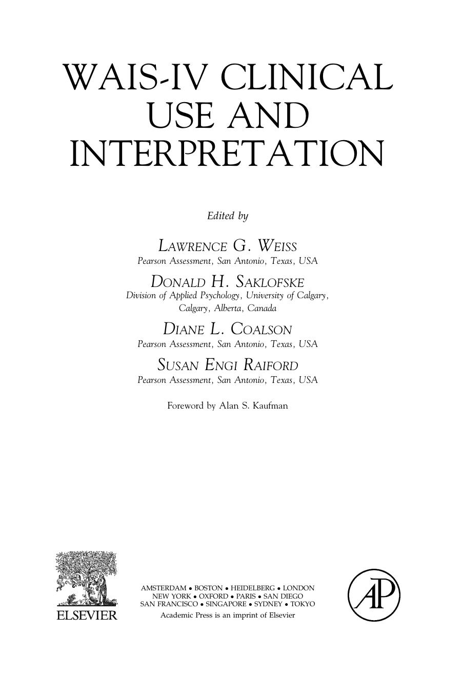 Front Matter by Lawrence G. Weiss; Donald H. Saklofske; Diane L. Coalson; Susan Engi Raiford