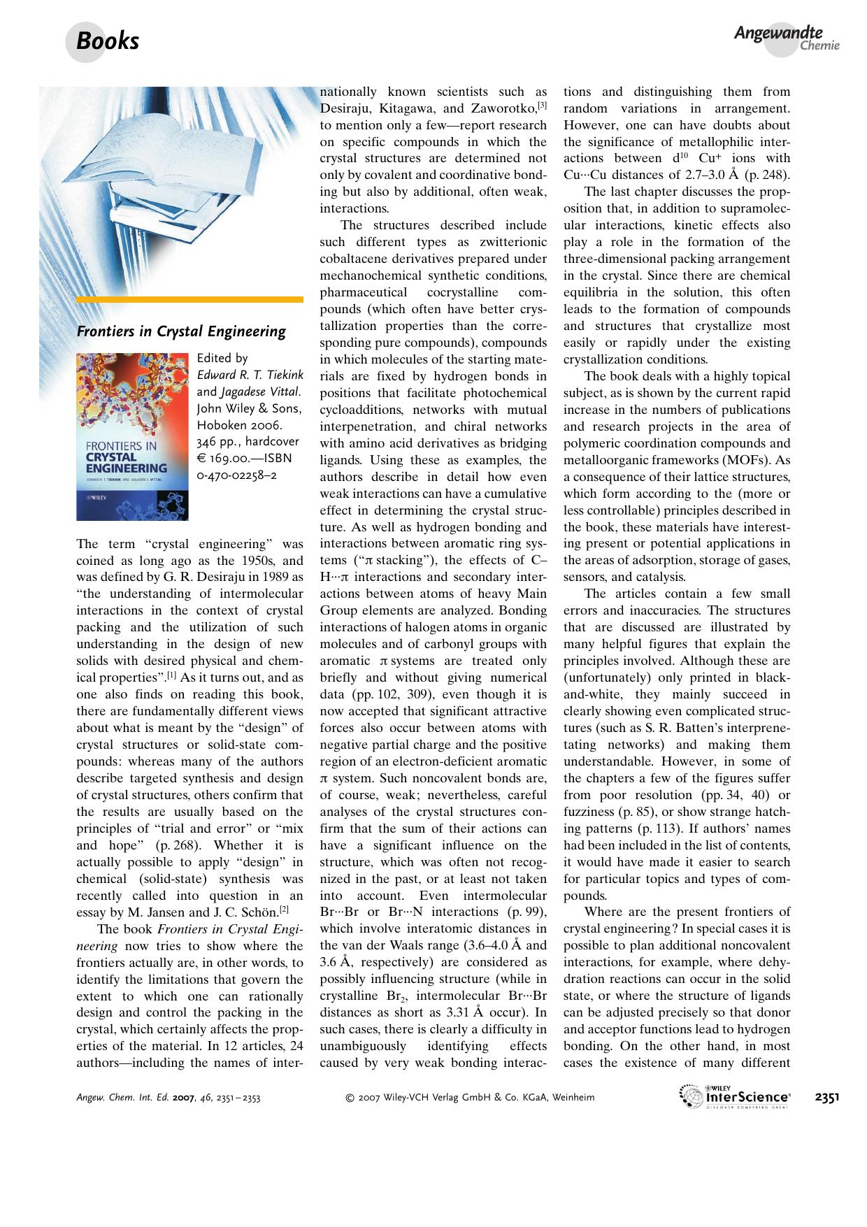 Frontiers in Crystal Engineering. Edited by Edward[emsp14]R.[emsp14]T. Tiekink and Jagadese Vittal. by Unknown