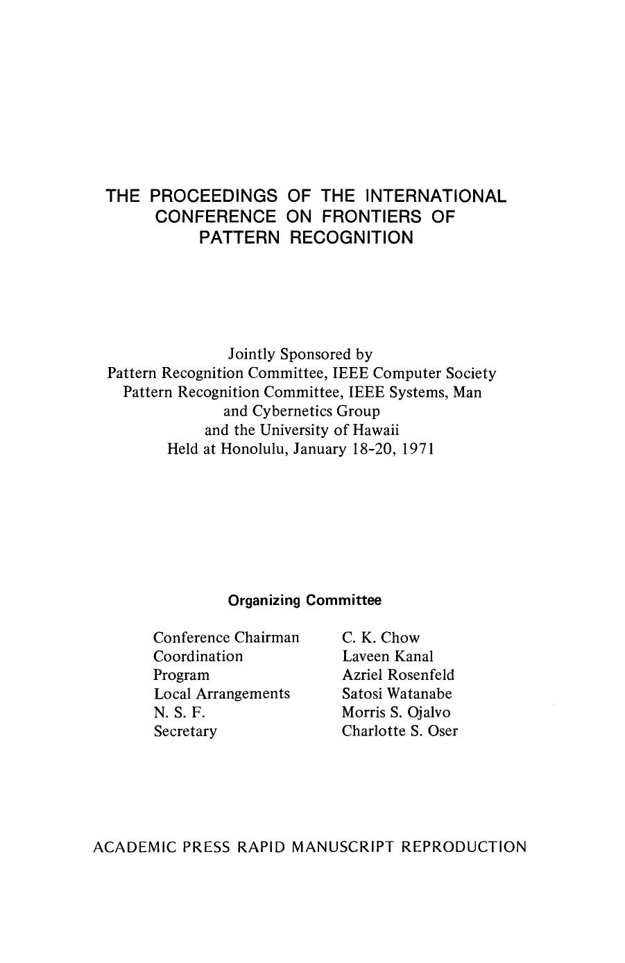 Frontiers of Pattern Recognition. The Proceedings of the International Conference on Frontiers of Pattern Recognition by Satosi Watanabe