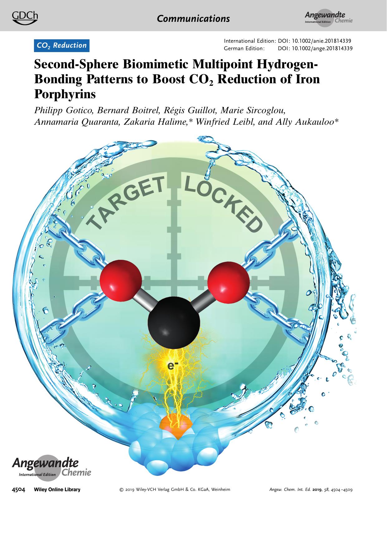 Frontispiece: SecondâSphere Biomimetic Multipoint HydrogenâBonding Patterns to Boost CO2 Reduction of Iron Porphyrins by Unknown