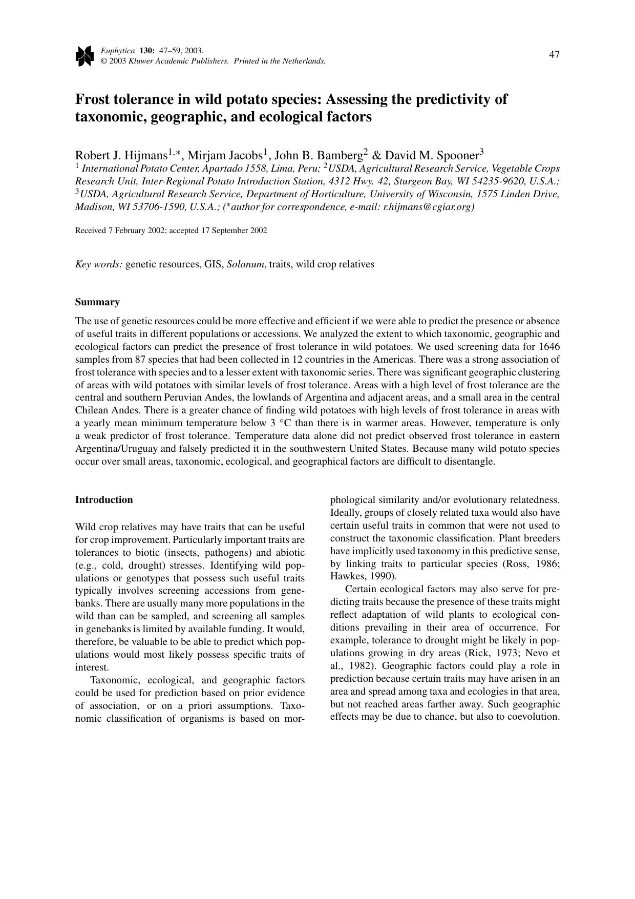 Frost tolerance in wild potato species: Assessing the predictivity of taxonomic, geographic, and ecological factors by Unknown