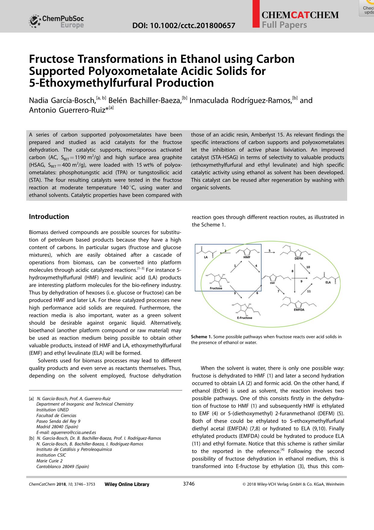 Fructose Transformations in Ethanol using Carbon Supported Polyoxometalate Acidic Solids for 5âEthoxymethylfurfural Production by Unknown