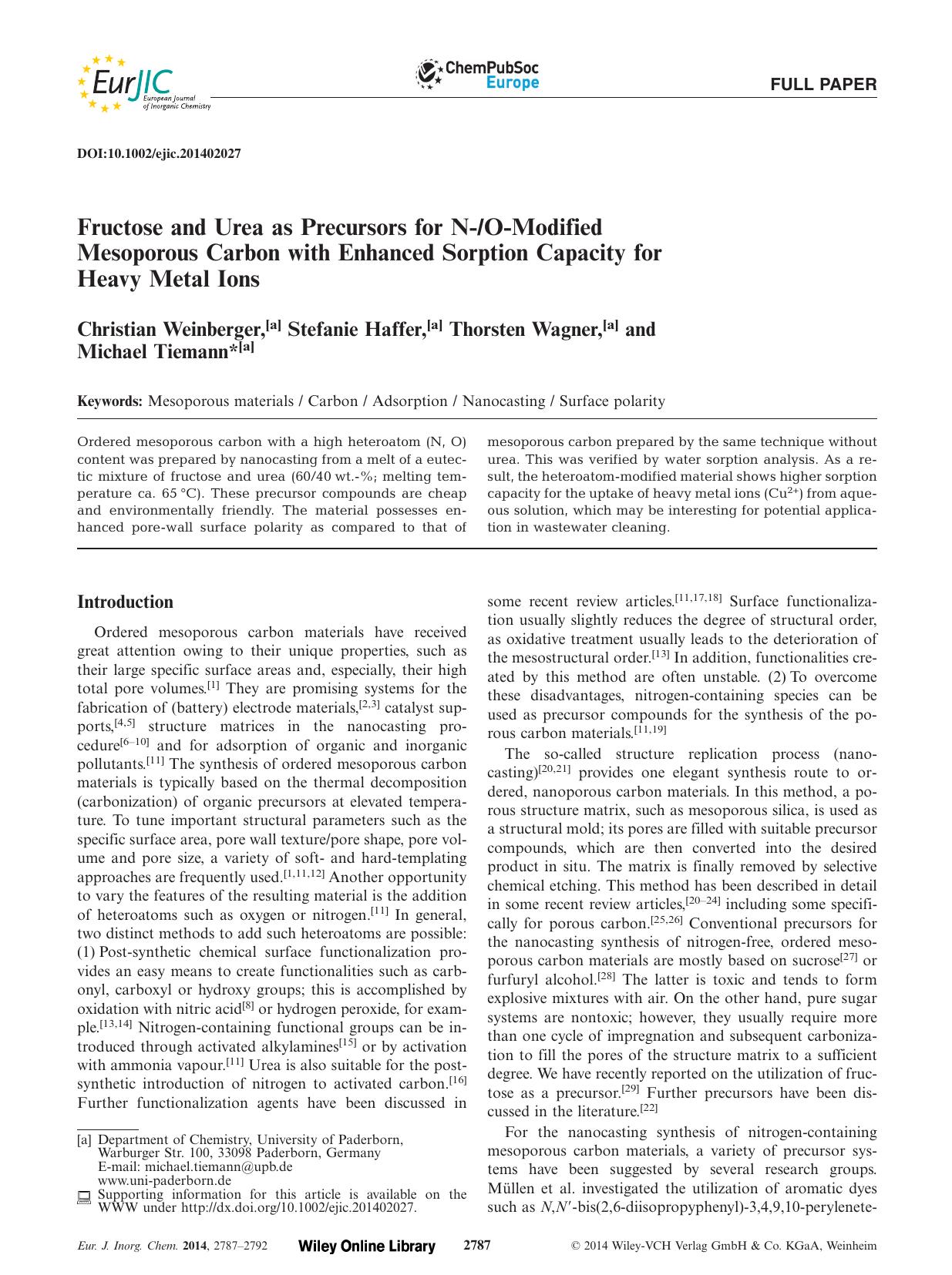Fructose and Urea as Precursors for NOModified Mesoporous Carbon with Enhanced Sorption Capacity for Heavy Metal Ions by Unknown