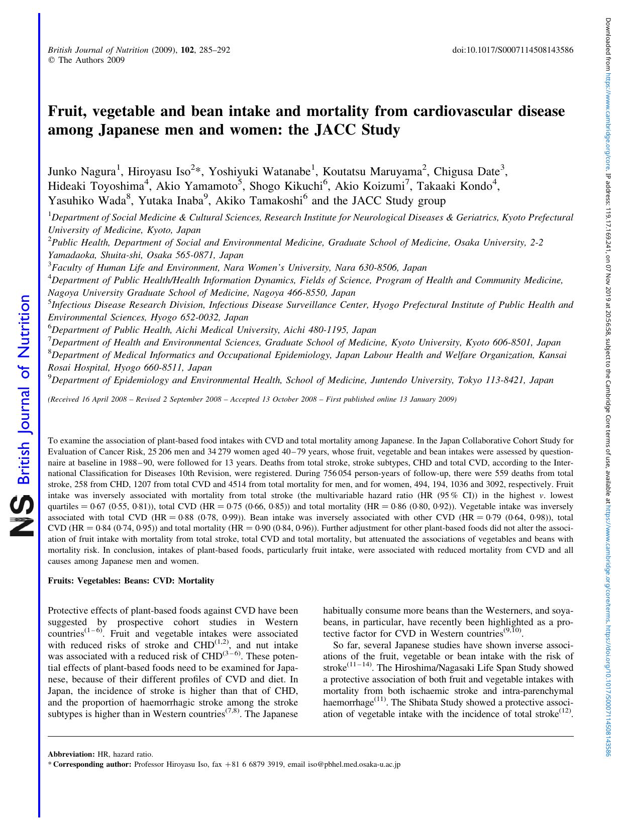 Fruit, vegetable and bean intake and mortality from cardiovascular disease among Japanese men and women: the JACC Study by unknow