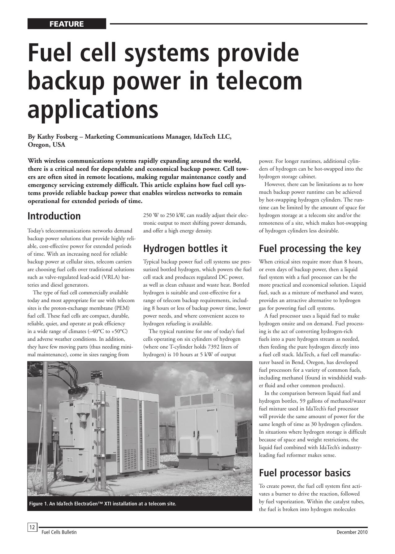Fuel cell systems provide backup power in telecom applications by Kathy Fosberg