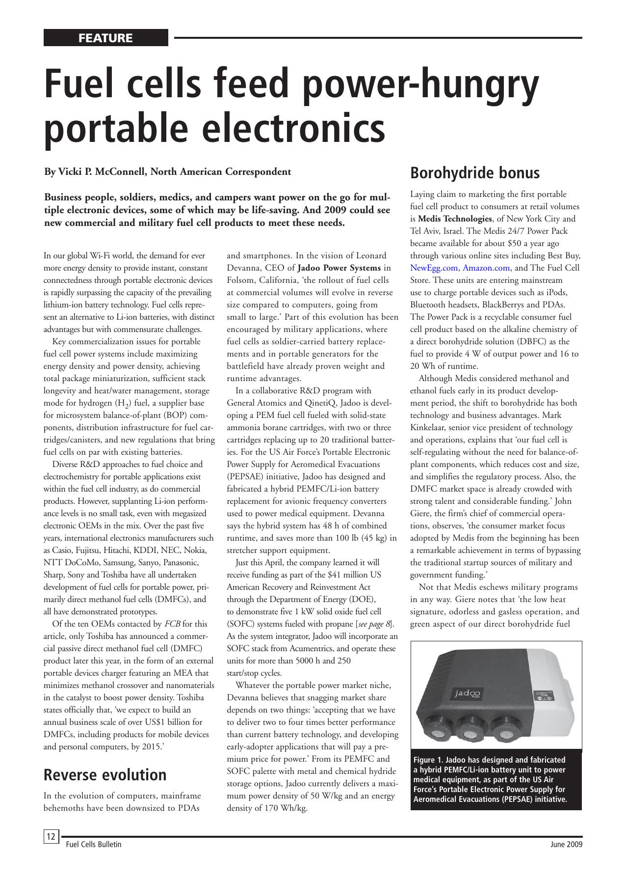 Fuel cells feed power-hungry portable electronics by Vicki P. McConnell