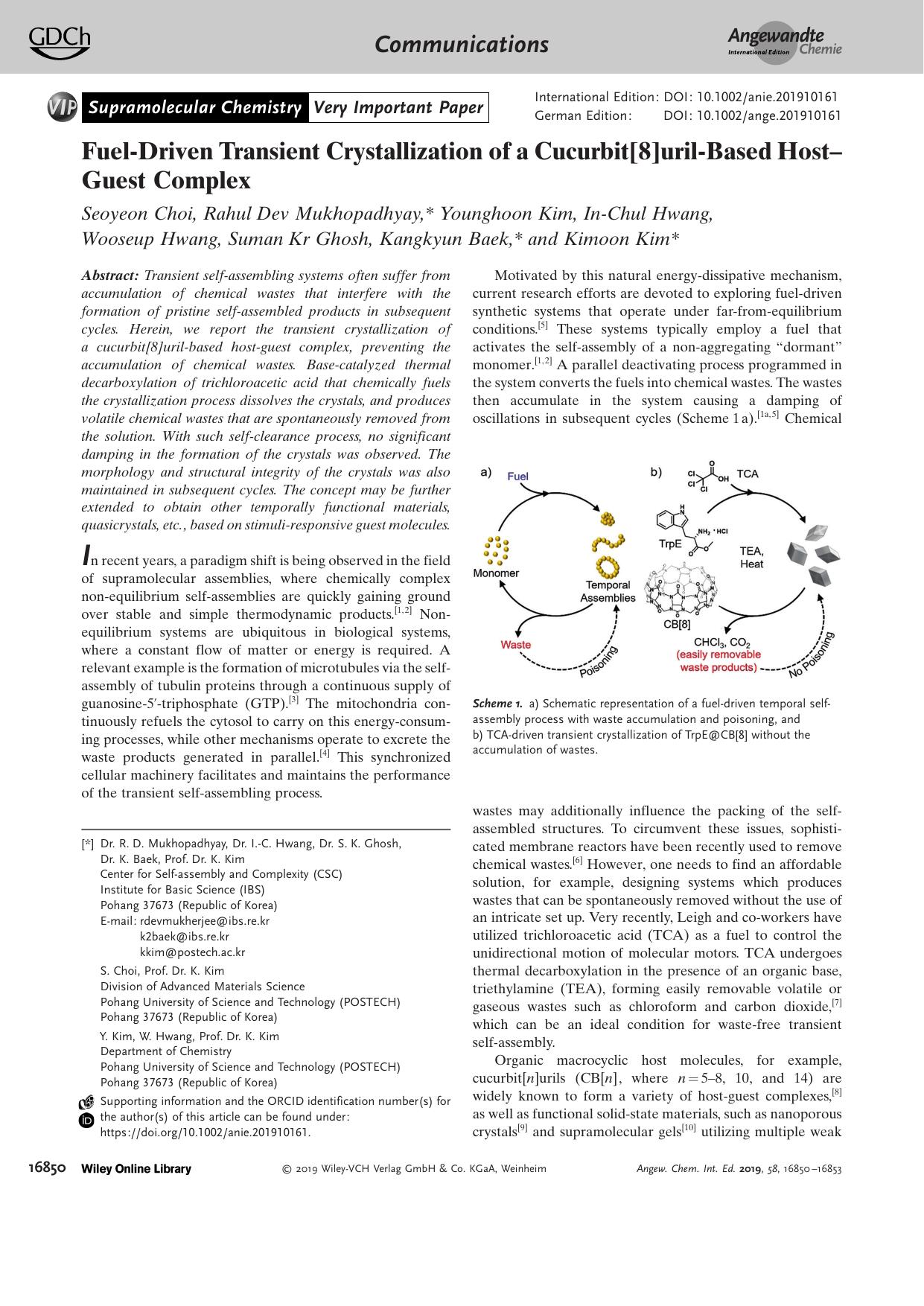 FuelâDriven Transient Crystallization of a Cucurbit[8]urilâBased HostâGuest Complex by Unknown