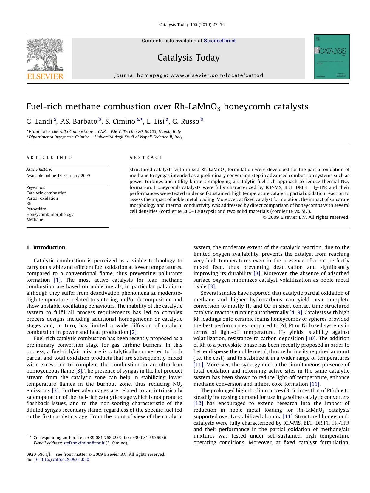 Fuel-rich methane combustion over Rh-LaMnO3 honeycomb catalysts by G. Landi