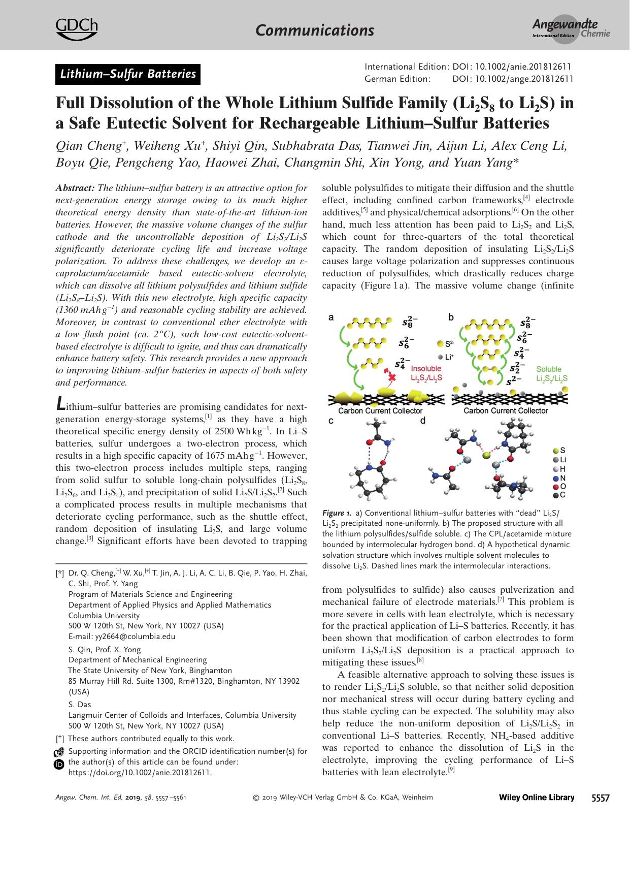 Full Dissolution of the Whole Lithium Sulfide Family (Li2S8 to Li2S) in a Safe Eutectic Solvent for Rechargeable LithiumâSulfur Batteries by Unknown