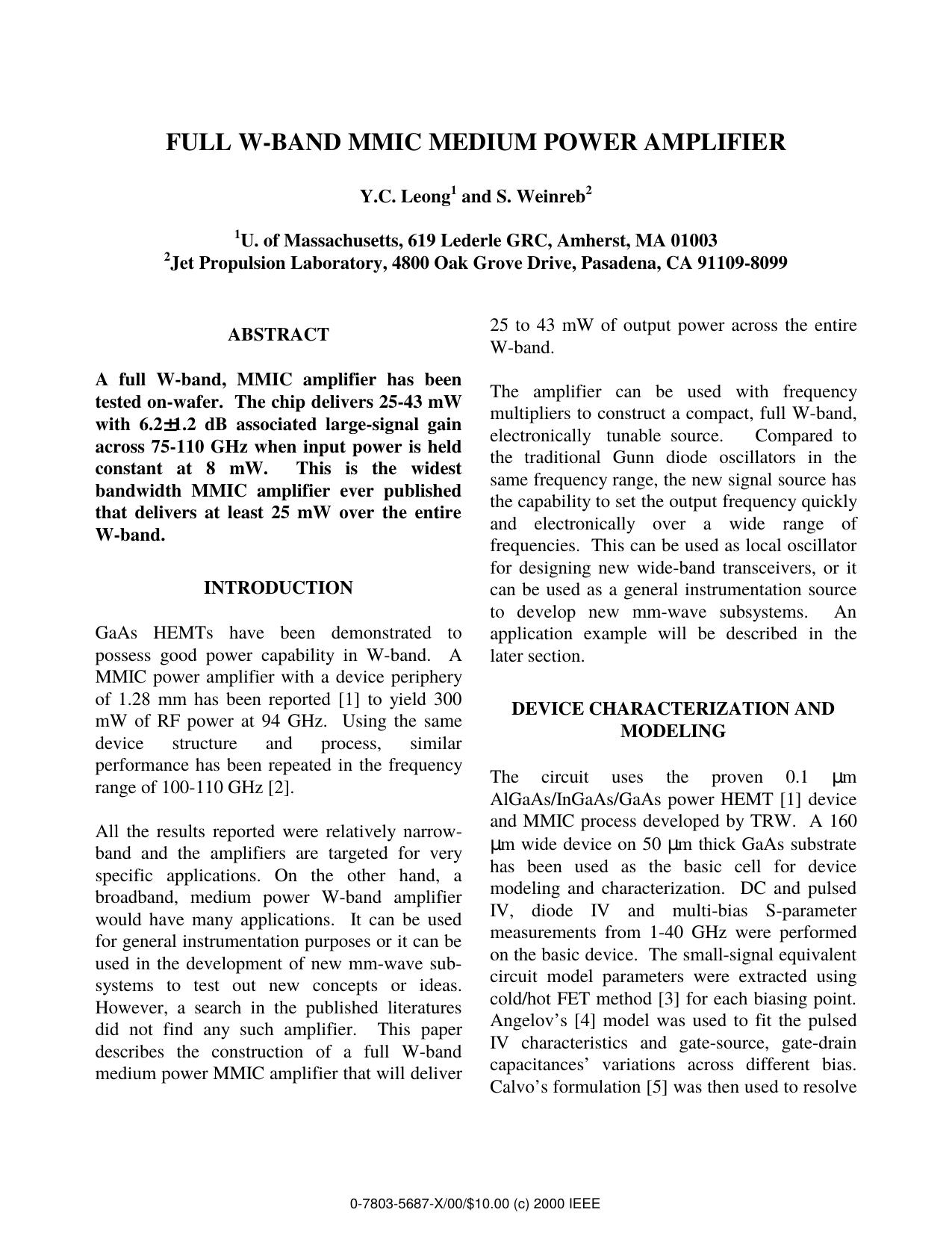 Full W-Band MMIC Medium Power Amplifier by Y. C. Leong & S. Weinreb