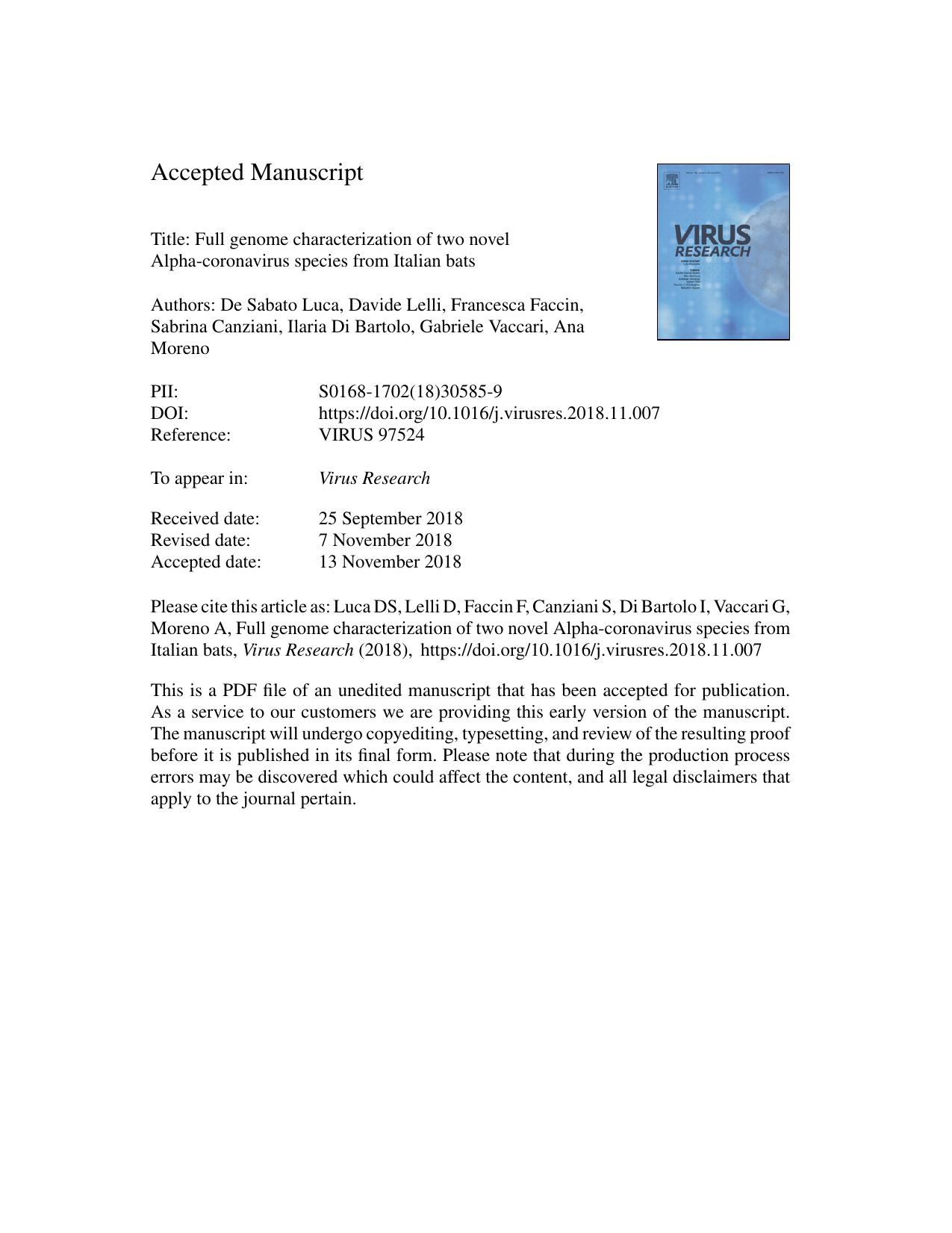 Full genome characterization of two novel Alpha-coronavirus species from Italian bats by unknow