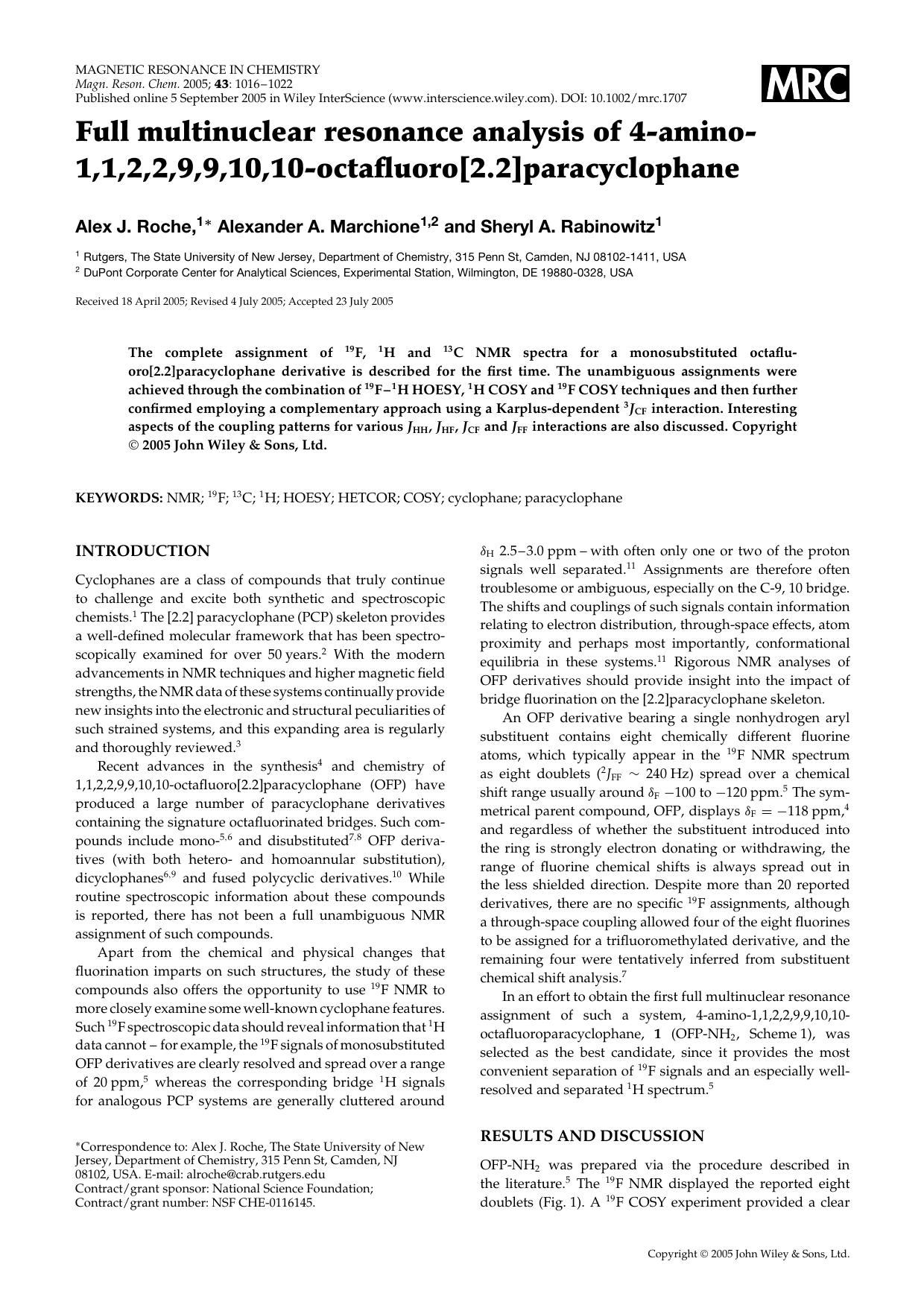 Full multinuclear resonance analysis of 4-amino-1,1,2,2,9,9,10,10-octafluoro[2.2]paracyclophane by Unknown