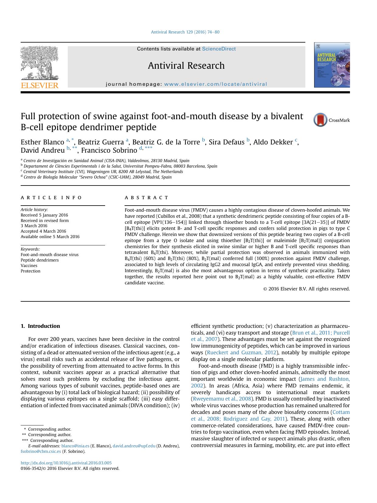 Full protection of swine against foot-and-mouth disease by a bivalent B-cell epitope dendrimer peptide by unknow