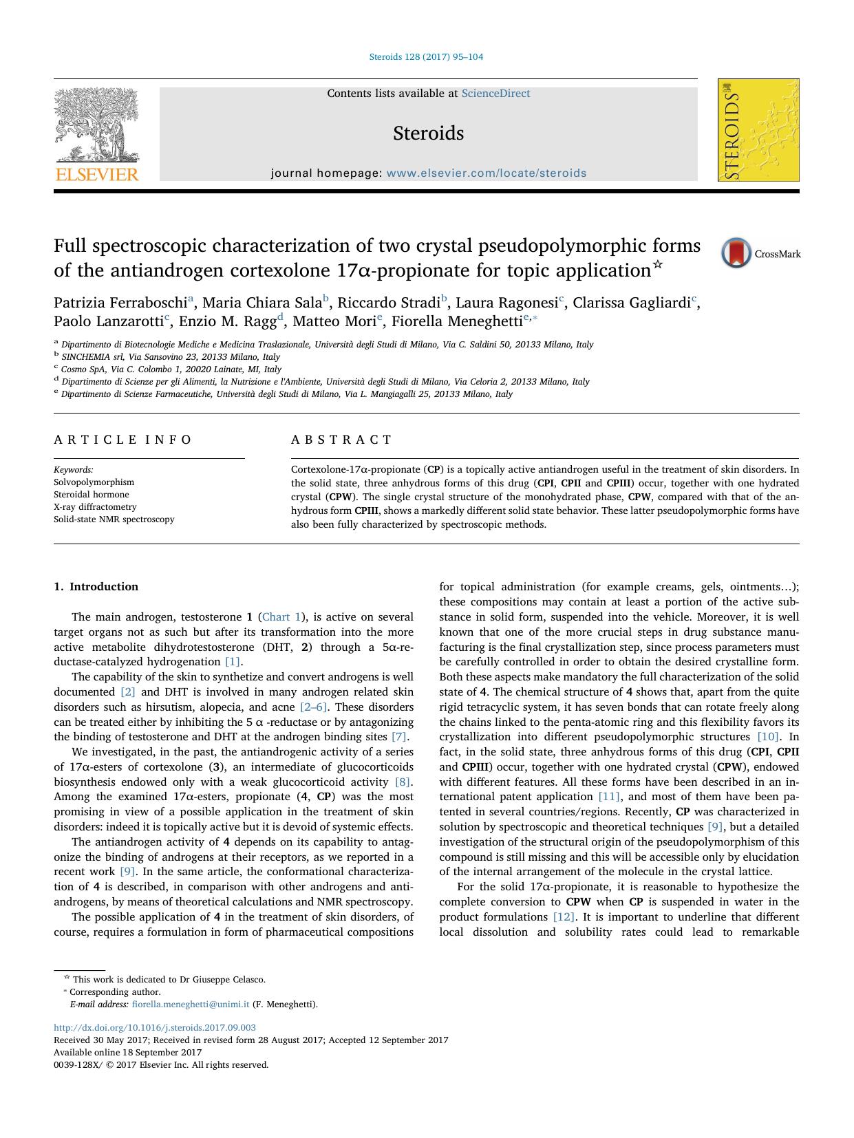 Full spectroscopic characterization of two crystal pseudopolymorphic forms of the antiandrogen cortexolone 17α-propionate for topic application by unknow
