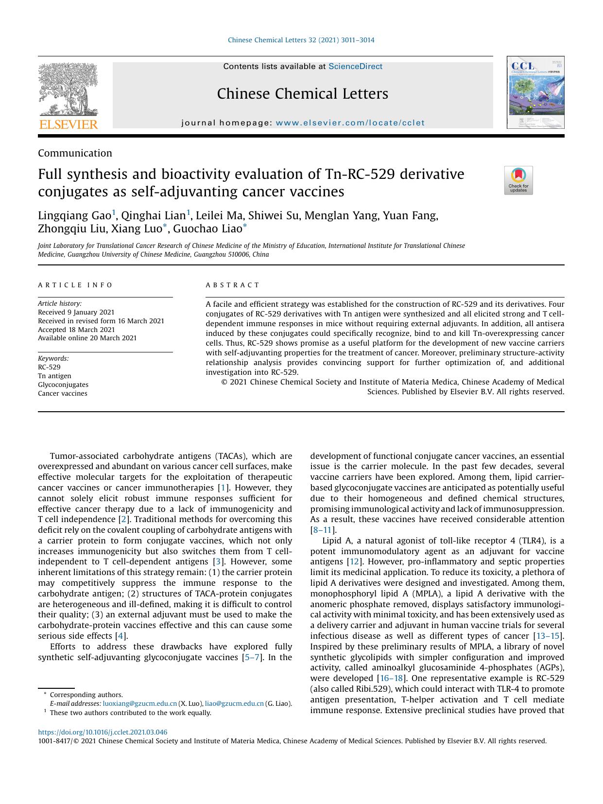 Full synthesis and bioactivity evaluation of Tn-RC-529 derivative conjugates as self-adjuvanting cancer vaccines by unknow