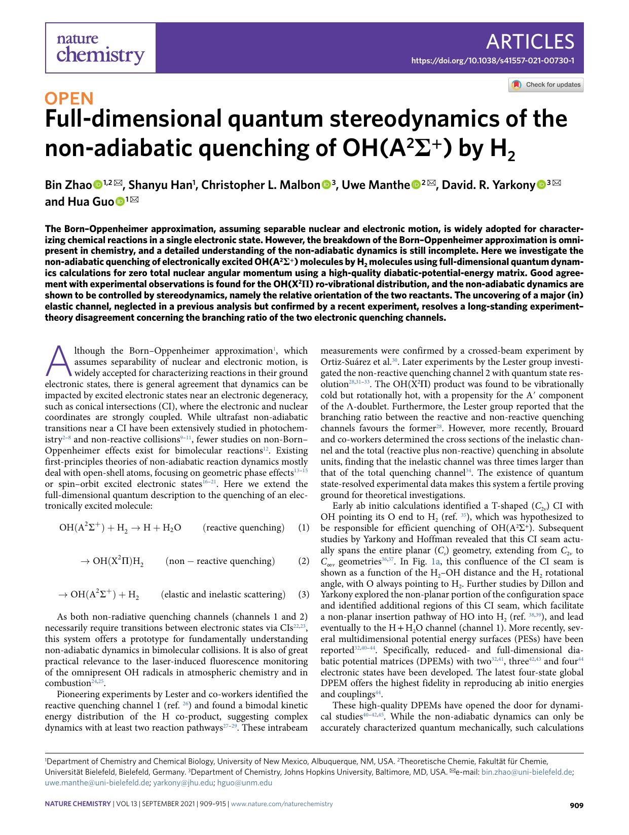 Full-dimensional quantum stereodynamics of the non-adiabatic quenching of OH(A2Î£+) by H2 by Bin Zhao & Shanyu Han & Christopher L. Malbon & Uwe Manthe & David. R. Yarkony & Hua Guo