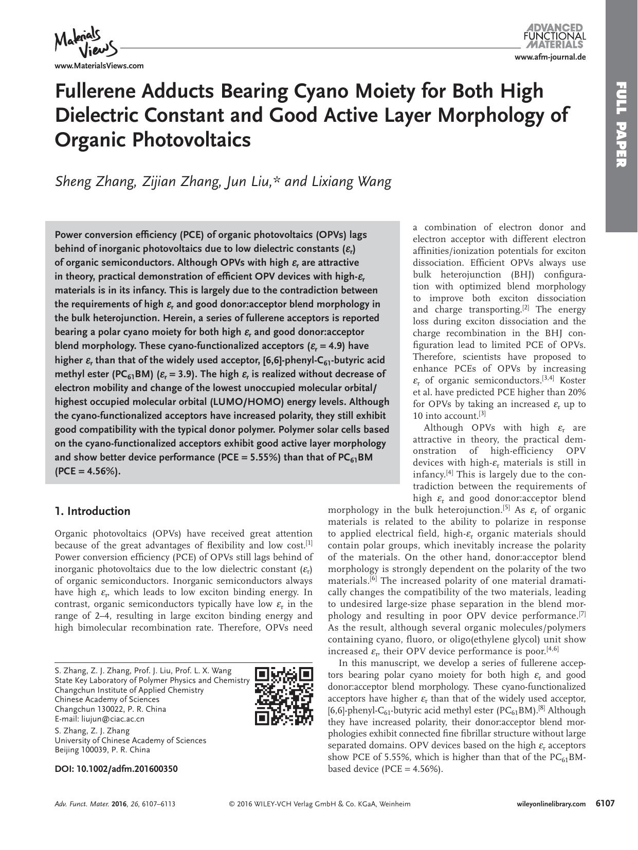 Fullerene Adducts Bearing Cyano Moiety for Both High Dielectric Constant and Good Active Layer Morphology of Organic Photovoltaics by Unknown