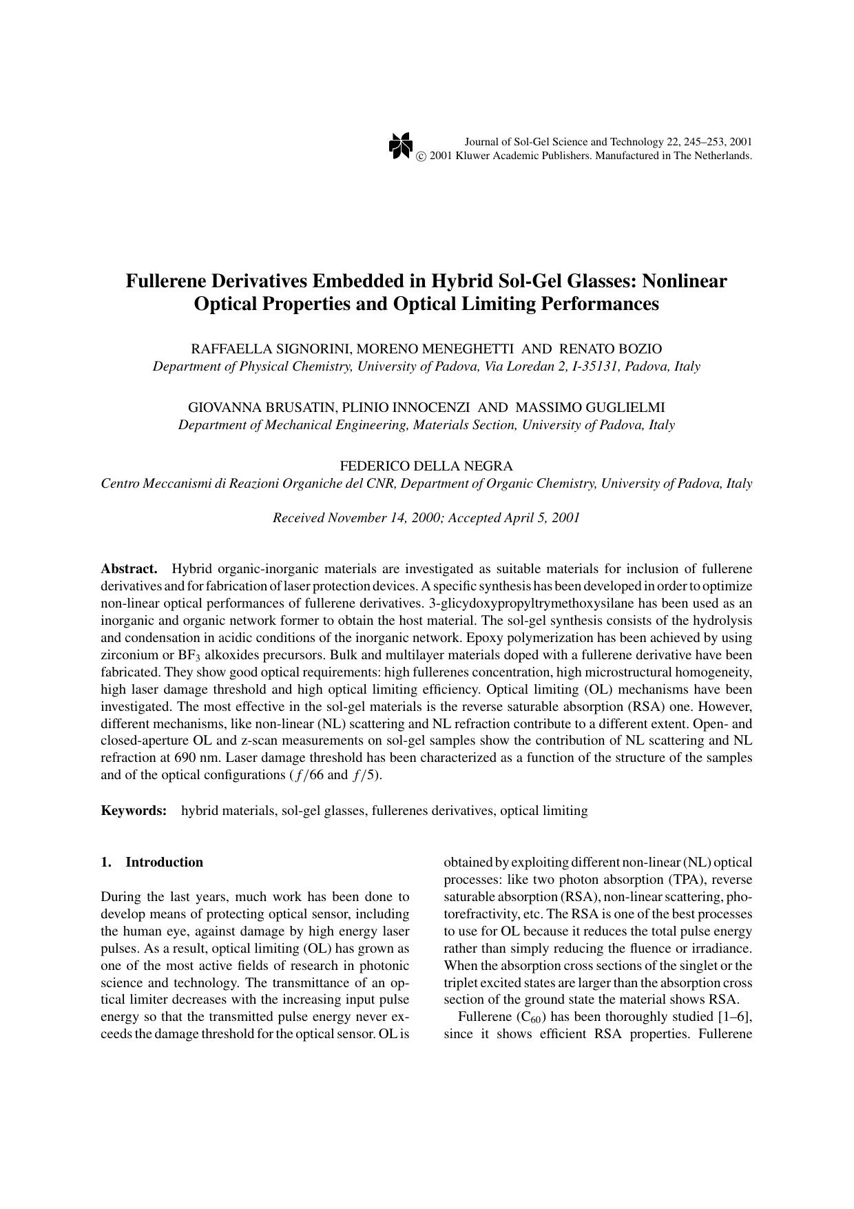 Fullerene Derivatives Embedded in Hybrid Sol-Gel Glasses: Nonlinear Optical Properties and Optical Limiting Performances by Unknown