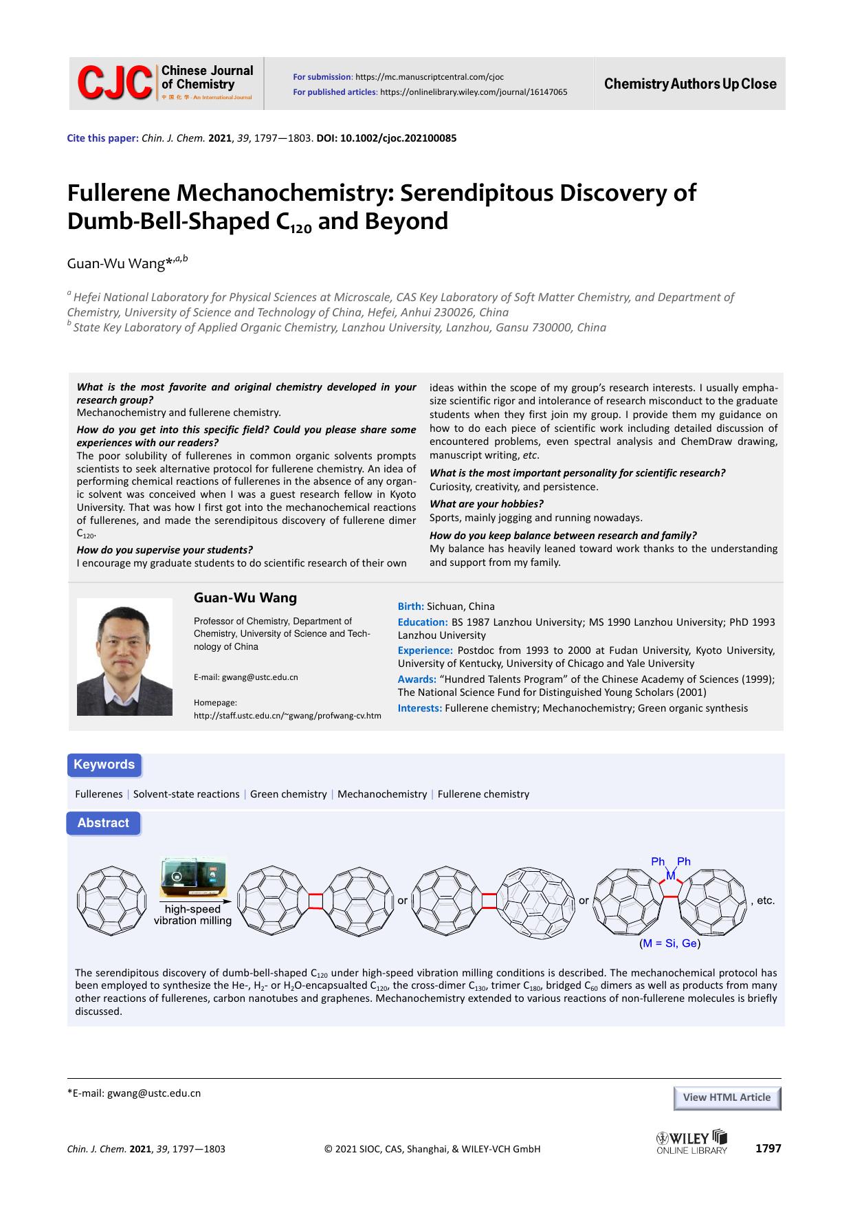 Fullerene Mechanochemistry: Serendipitous Discovery of Dumb-Bell-Shaped C120 and Beyond by G WANG