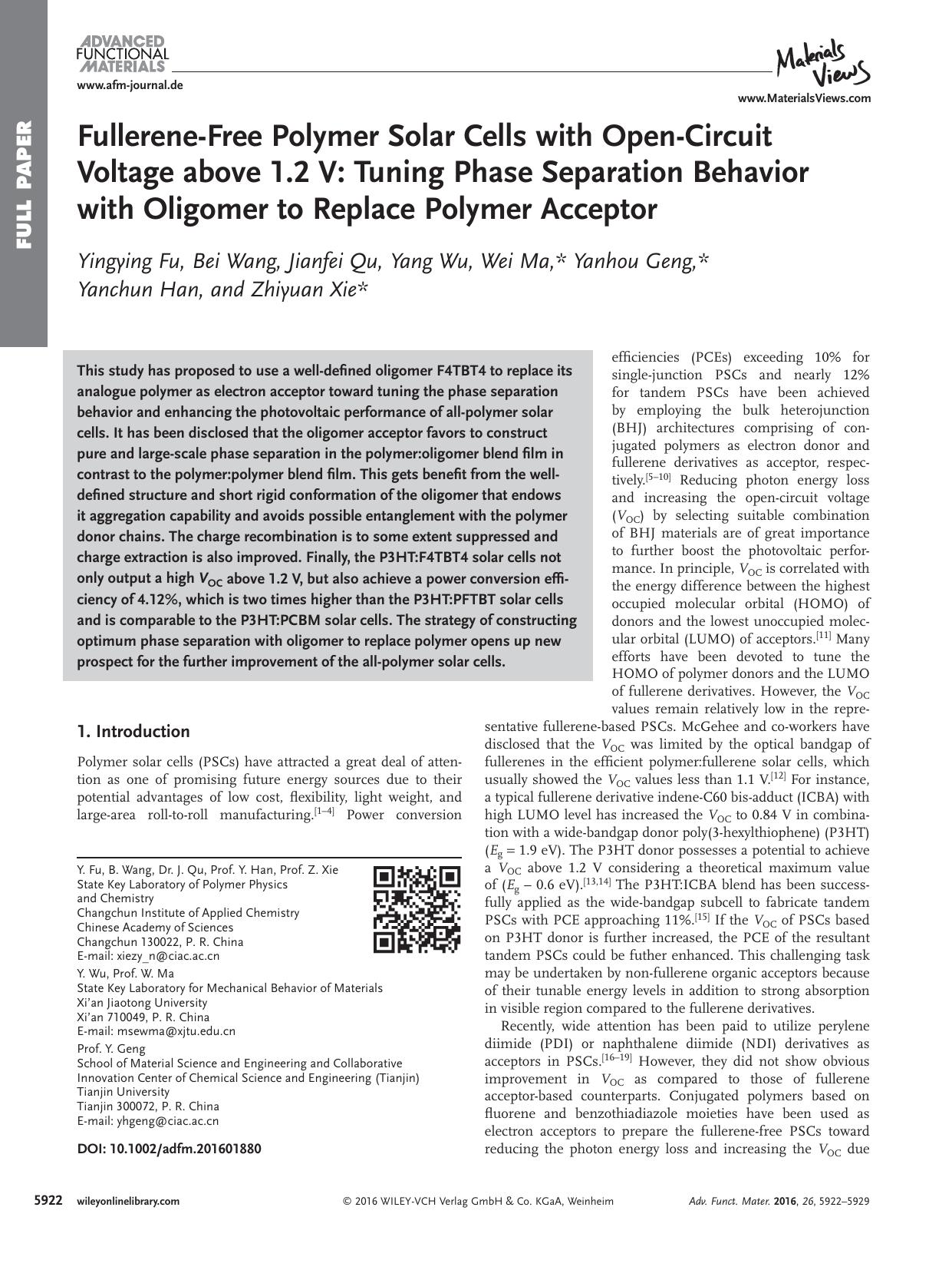 Fullerene‐Free Polymer Solar Cells with Open‐Circuit Voltage above 1.2 V: Tuning Phase Separation Behavior with Oligomer to Replace Polymer Acceptor by Unknown