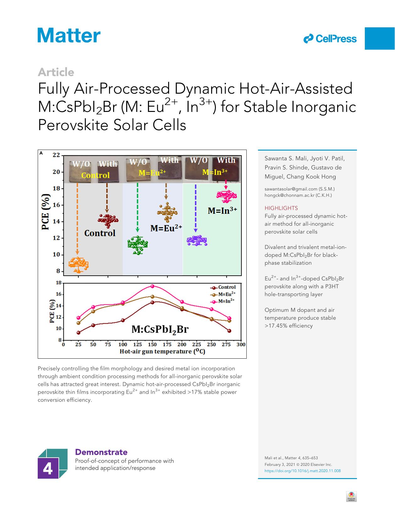 Fully Air-Processed Dynamic Hot-Air-Assisted M:CsPbI2Br (M: Eu2+, In3+) for Stable Inorganic Perovskite Solar Cells by Sawanta S. Mali & Jyoti V. Patil & Pravin S. Shinde & Gustavo de Miguel & Chang Kook Hong