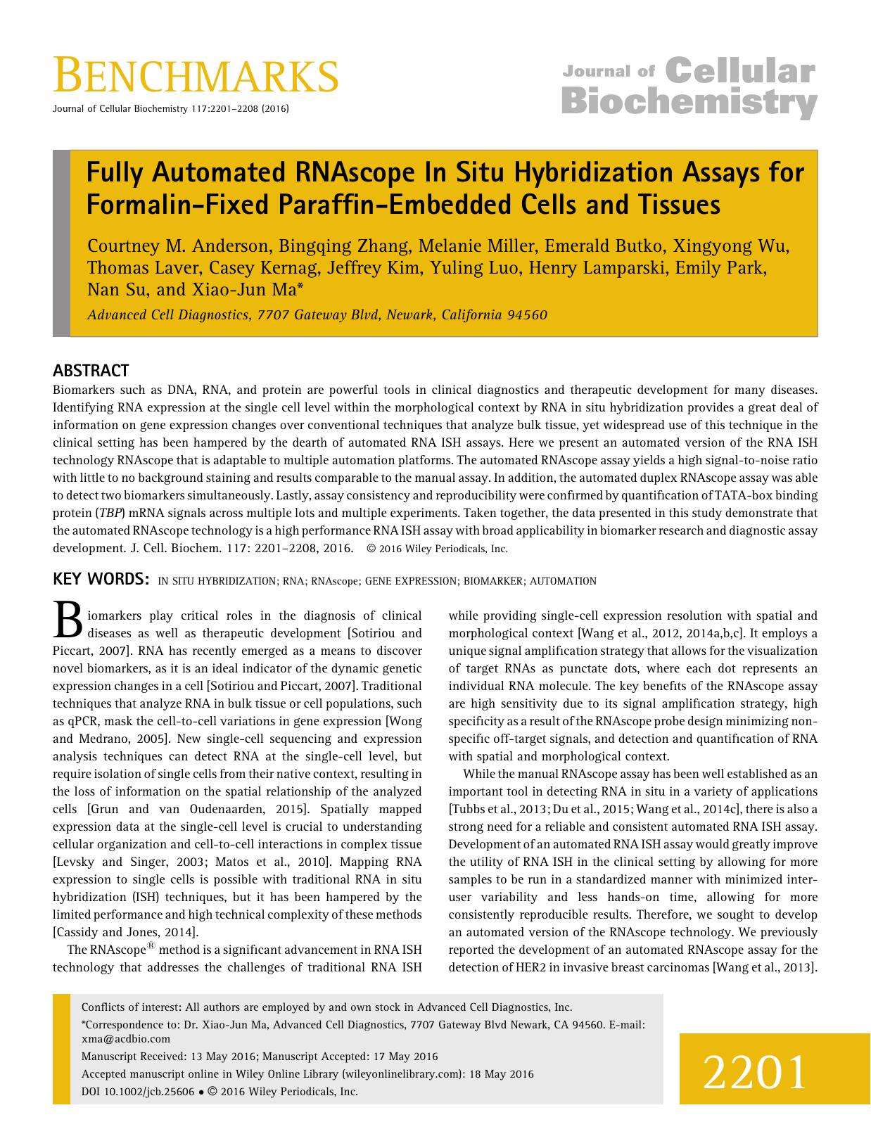 Fully Automated RNAscope In Situ Hybridization Assays for Formalin-Fixed Paraffin-Embedded Cells and Tissues by Unknown