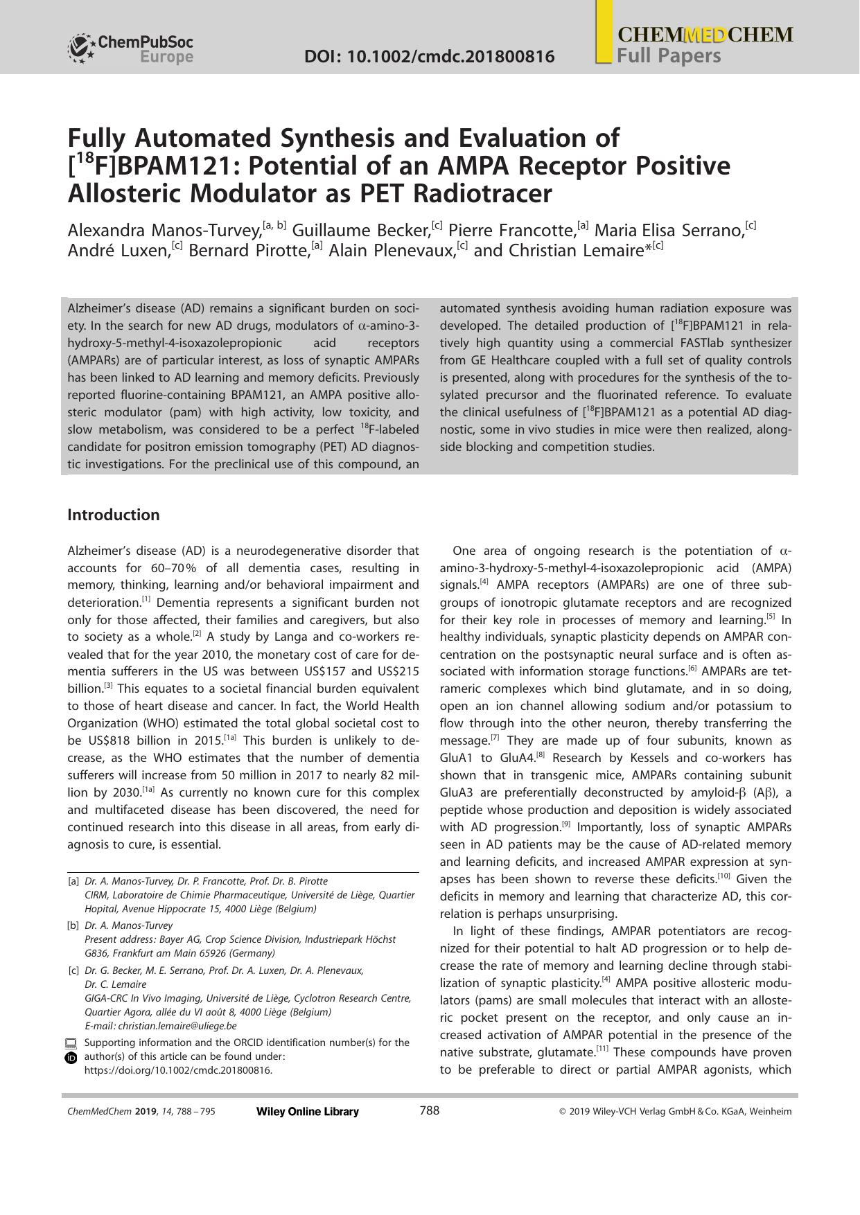 Fully Automated Synthesis and Evaluation of [18F]BPAM121: Potential of an AMPA Receptor Positive Allosteric Modulator as PET Radiotracer by Unknown