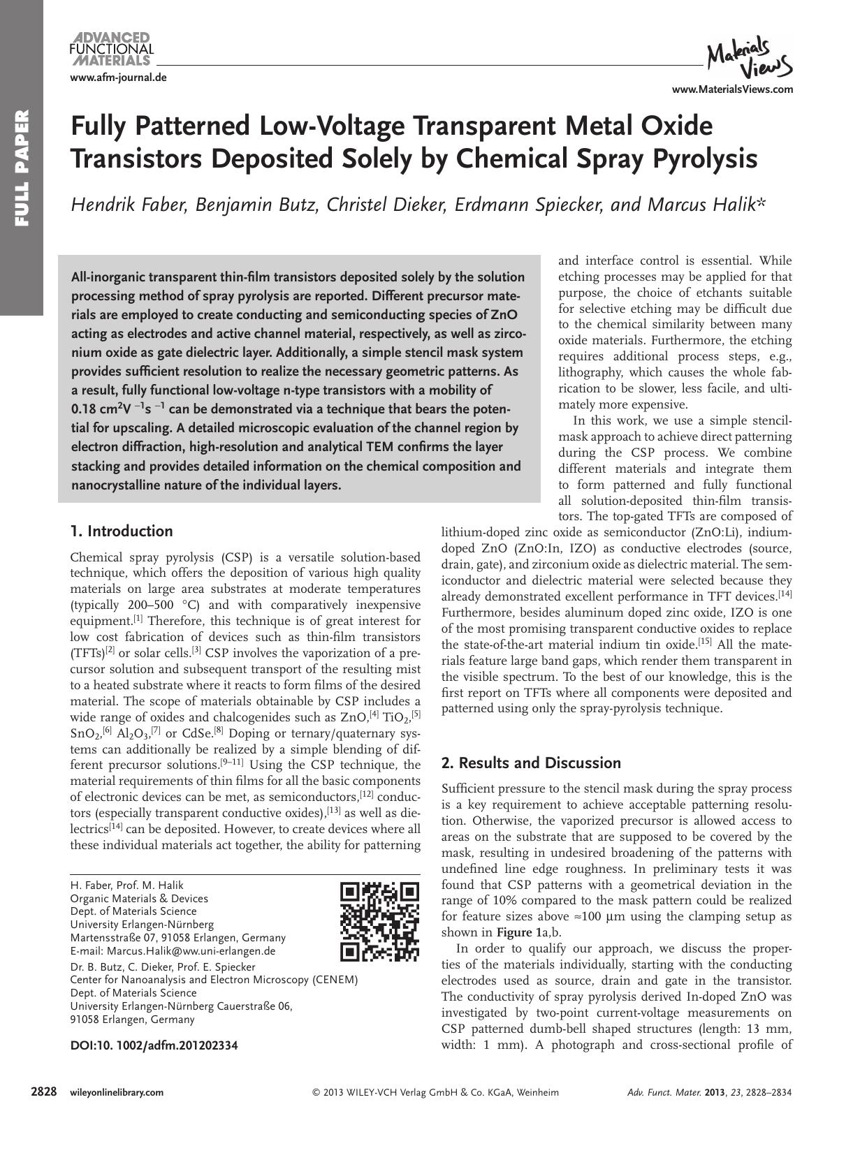 Fully Patterned LowVoltage Transparent Metal Oxide Transistors Deposited Solely by Chemical Spray Pyrolysis by wbpm