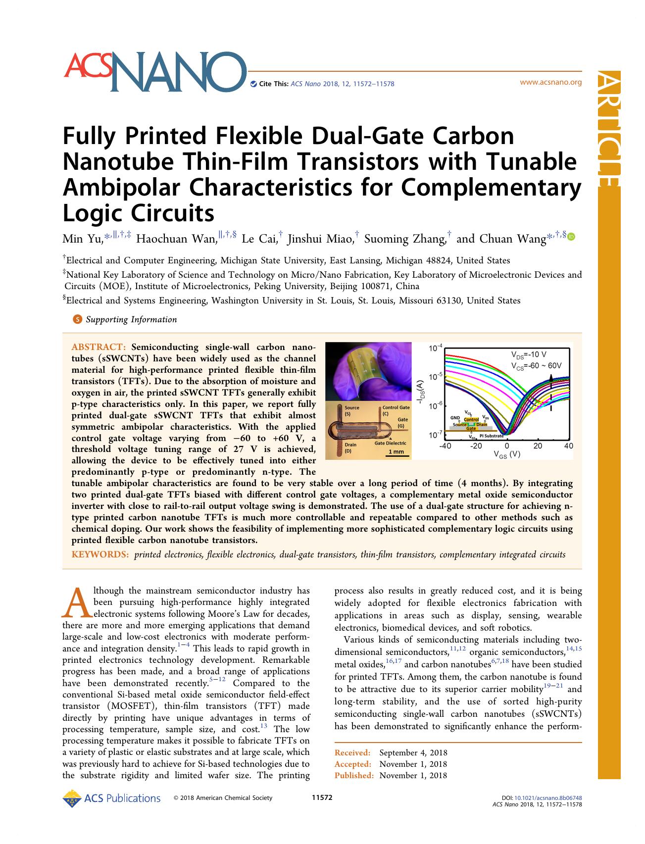 Fully Printed Flexible Dual-Gate Carbon Nanotube Thin-Film Transistors with Tunable Ambipolar Characteristics for Complementary Logic Circuits by Min Yu Haochuan Wan Le Cai Jinshui Miao Suoming Zhang and Chuan Wang