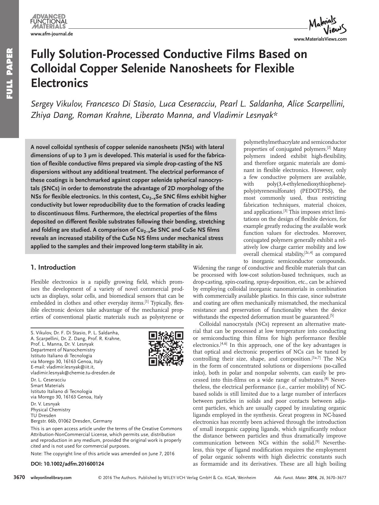 Fully Solution&#x02010;Processed Conductive Films Based on Colloidal Copper Selenide Nanosheets for Flexible Electronics by Unknown