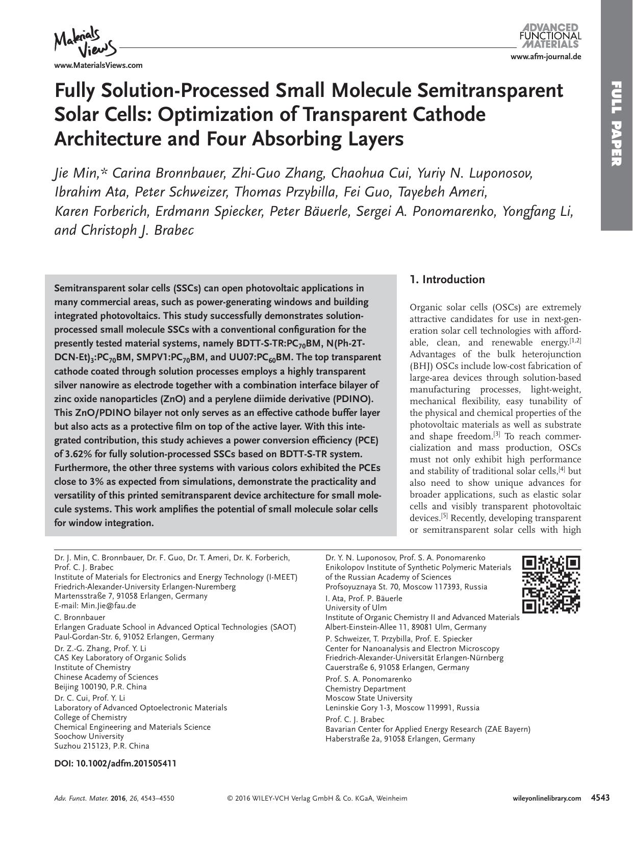 Fully Solution‐Processed Small Molecule Semitransparent Solar Cells: Optimization of Transparent Cathode Architecture and Four Absorbing Layers by Unknown
