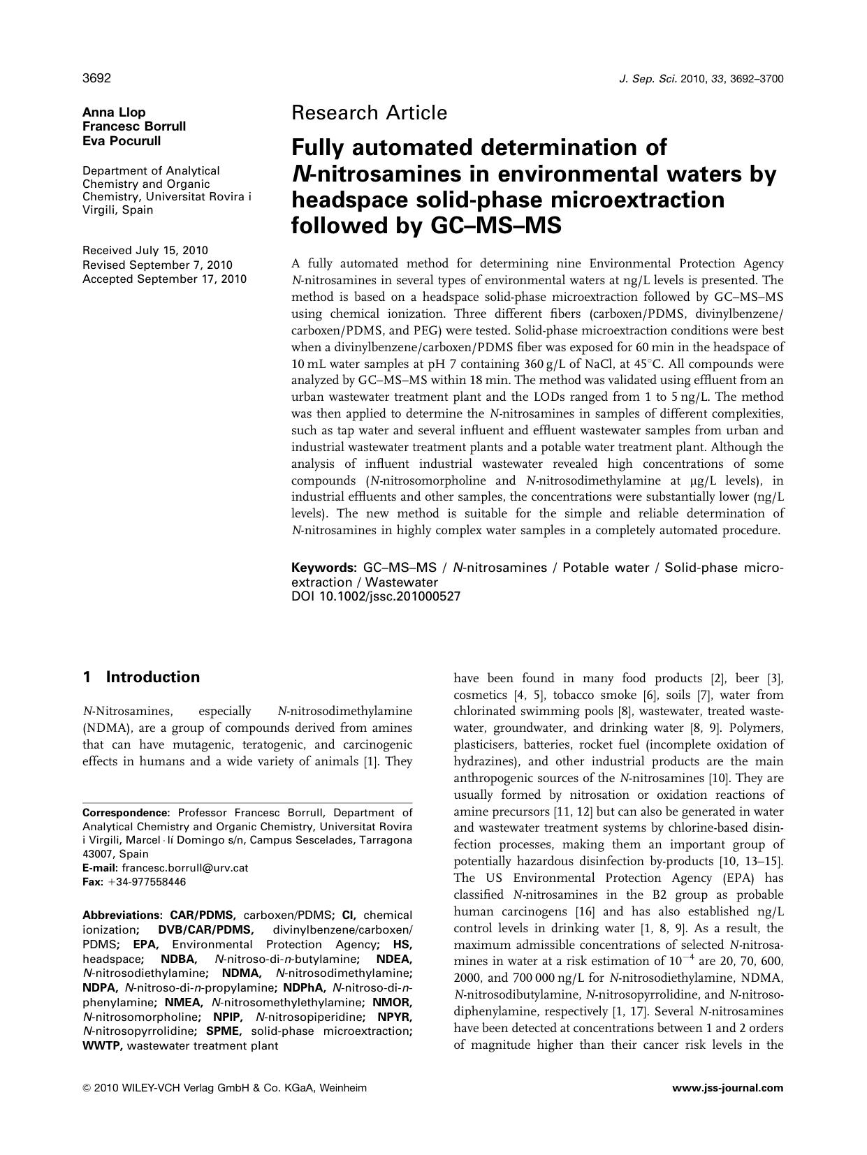 Fully automated determination of Nnitrosamines in environmental waters by headspace solidphase microextraction followed by GCMSMS by Unknown