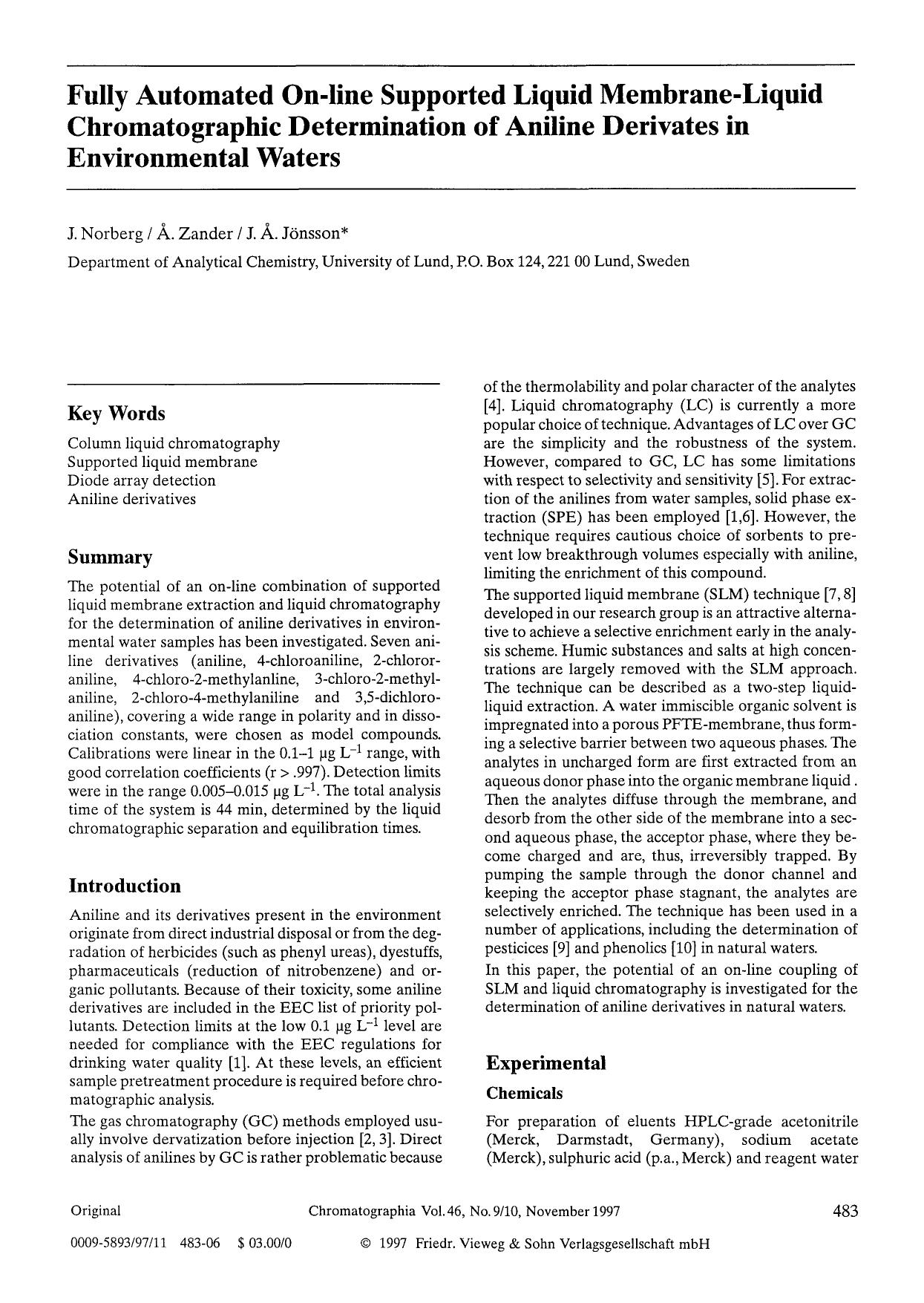 Fully automated on-line supported liquid membrane-liquid chromatographic determination of aniline derivates in environmental waters by Unknown
