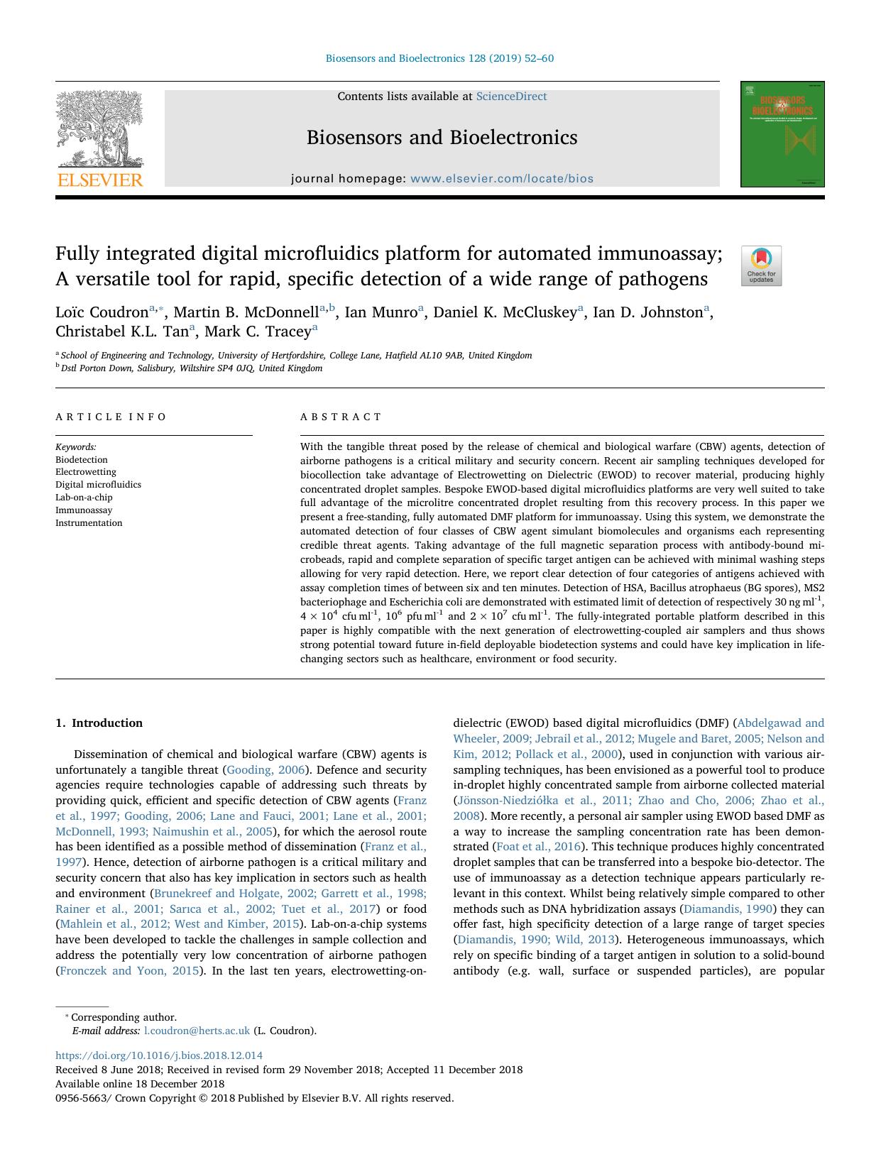 Fully integrated digital microfluidics platform for automated immunoassay; A versatile tool for rapid, specific detection of a wide range of pathogens by unknow