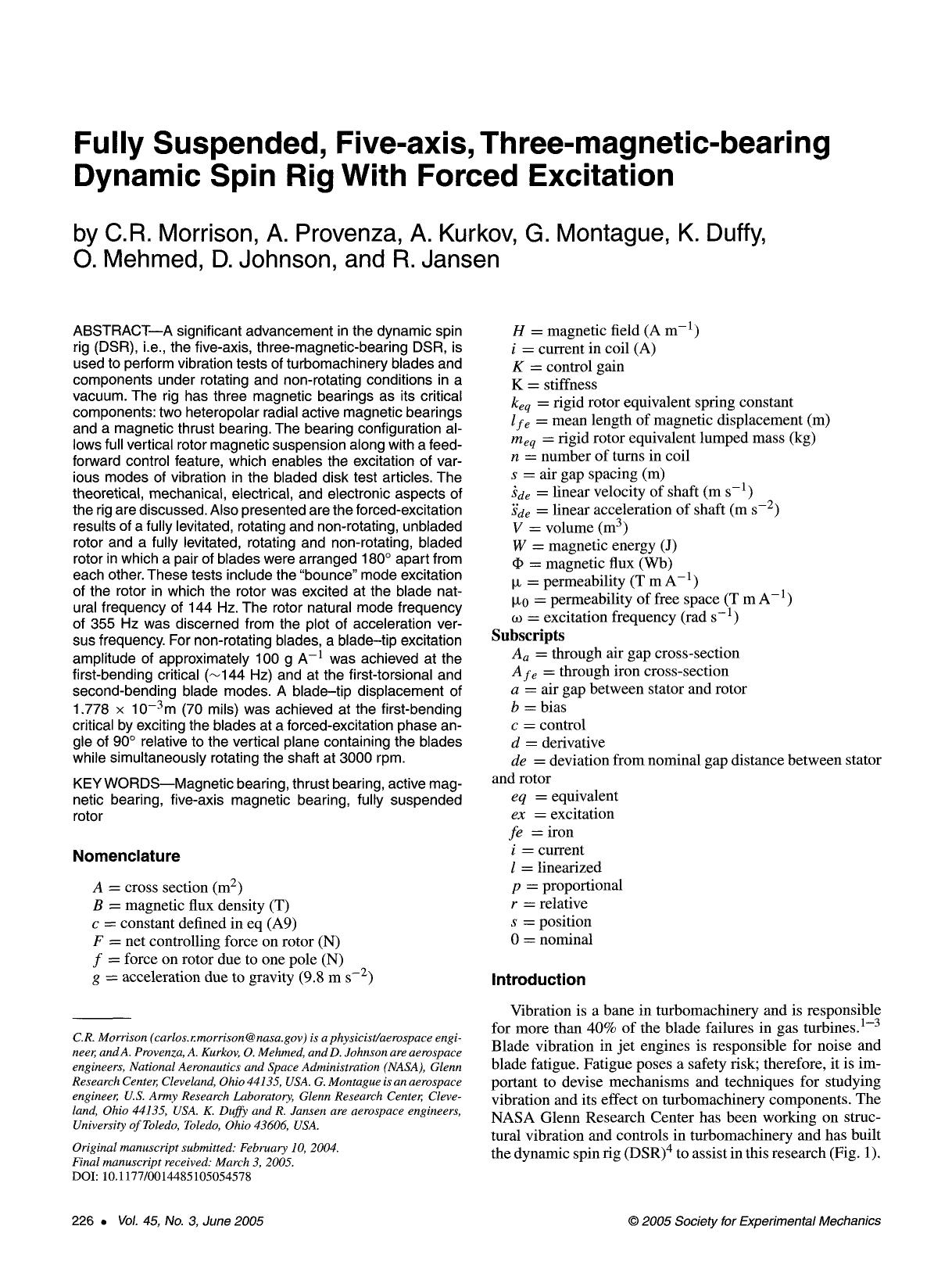 Fully suspended, five-axis, three-magnetic-bearing dynamic spin rig with forced excitation by Unknown