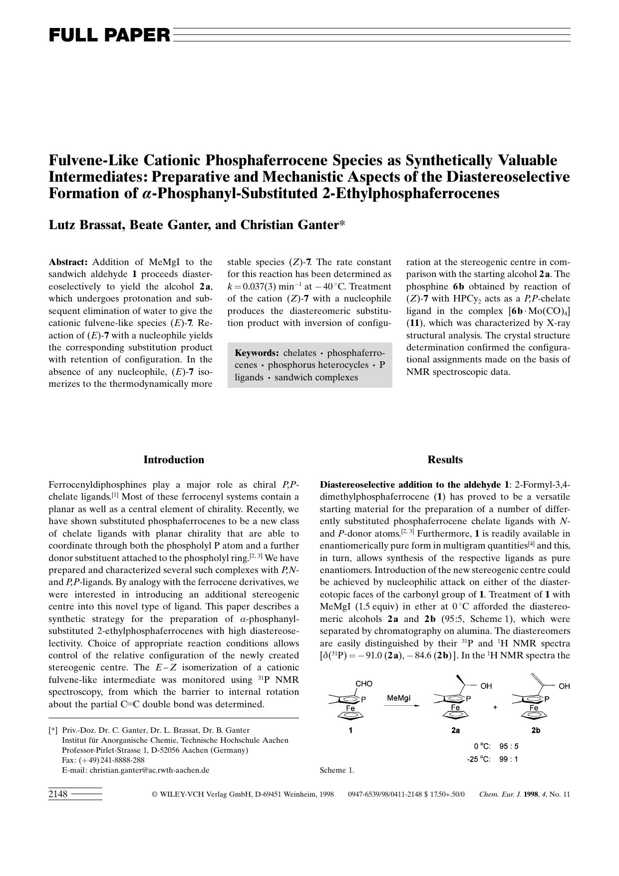 Fulvene-Like Cationic Phosphaferrocene Species as Synthetically Valuable Intermediates: Preparative and Mechanistic Aspects of the Diastereoselective Formation of [alpha]-Phosphany by Unknown
