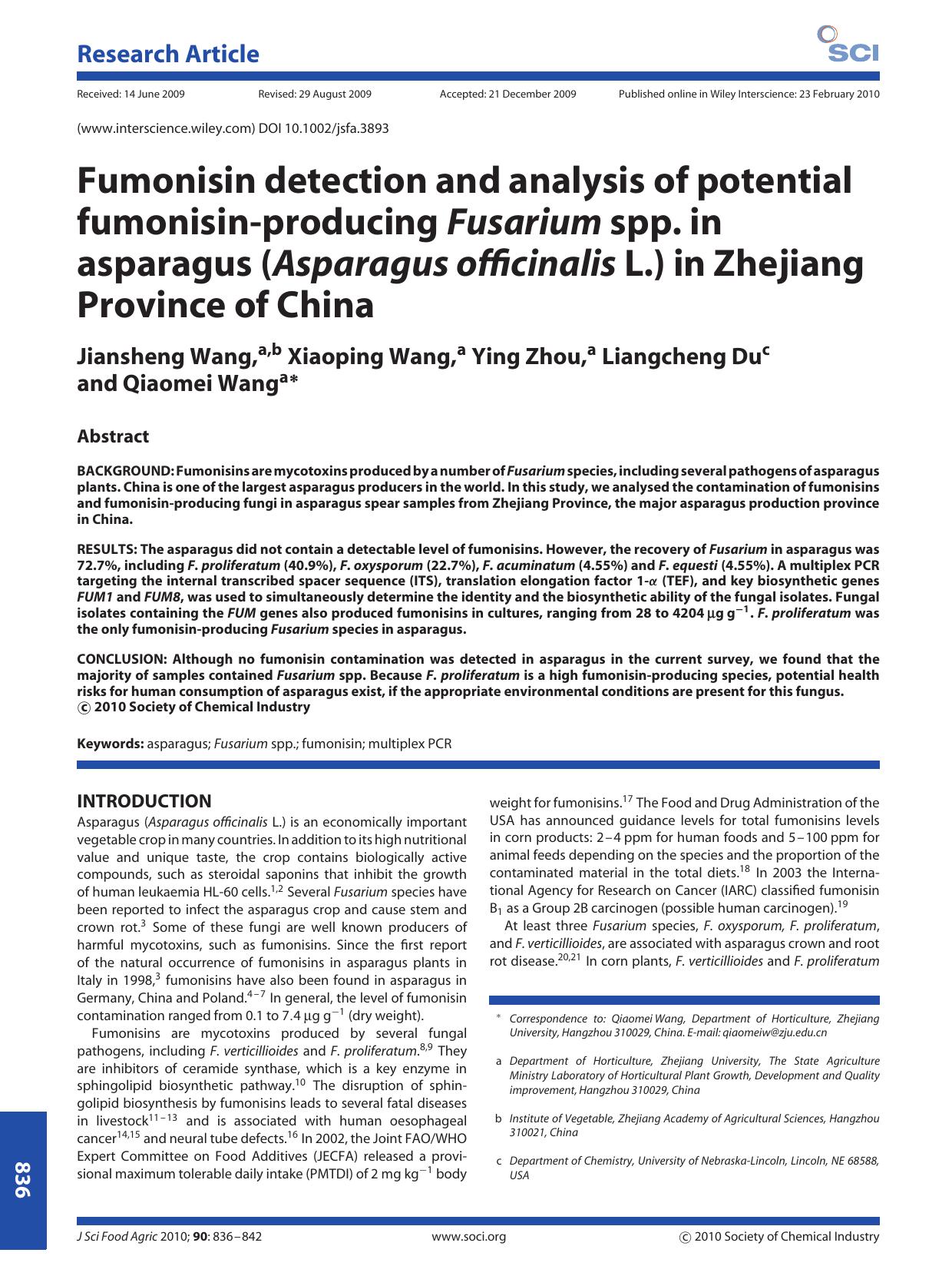 Fumonisin detection and analysis of potential fumonisin-producing Fusarium spp. in asparagus (Asparagus officinalis L.) in Zhejiang Province of China by Unknown