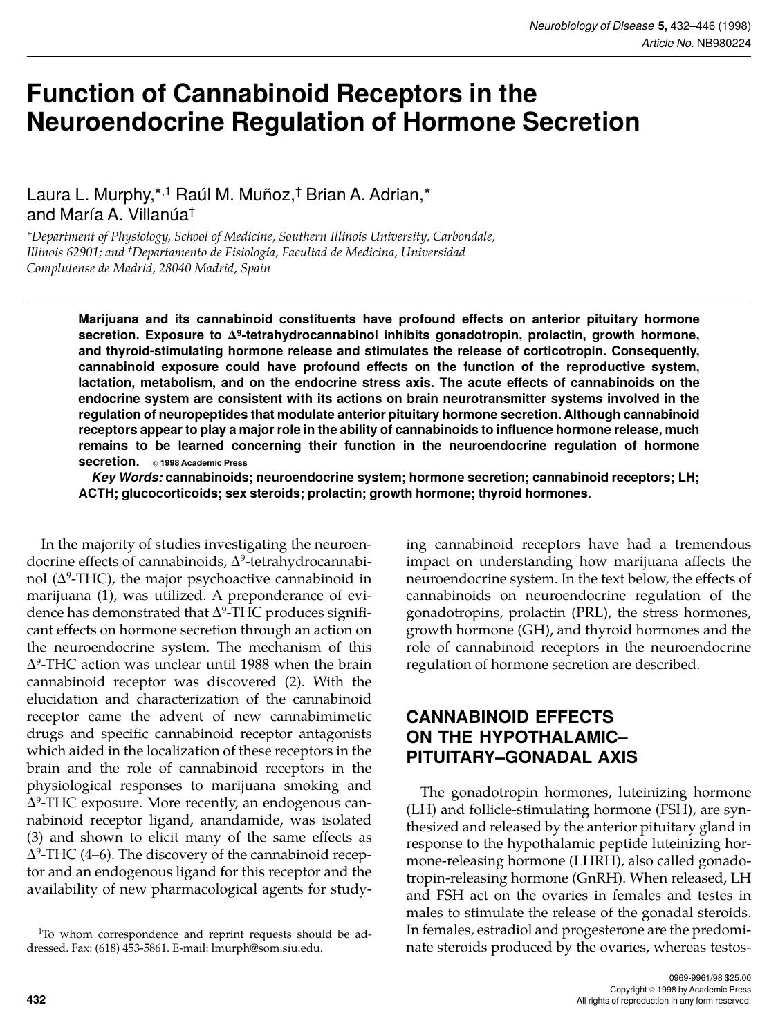 Function of Cannabinoid Receptors in the Neuroendocrine Regulation of Hormone Secretion by Murphy L. L. et al