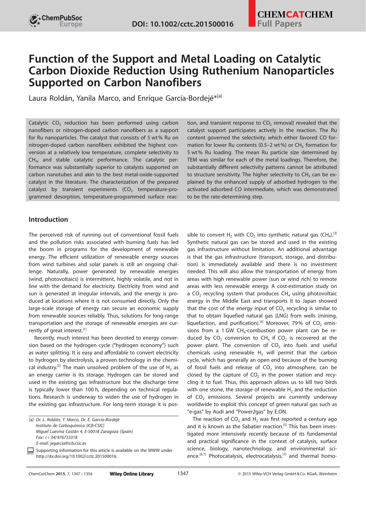 Function of the Support and Metal Loading on Catalytic Carbon Dioxide Reduction Using Ruthenium Nanoparticles Supported on Carbon Nanofibers by Unknown