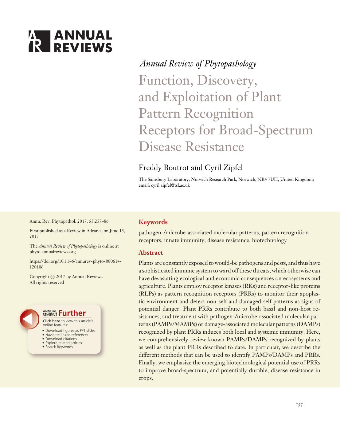 Function, Discovery, and Exploitation of Plant Pattern Recognition Receptors for Broad-Spectrum Disease Resistance by Freddy Boutrot and Cyril Zipfel