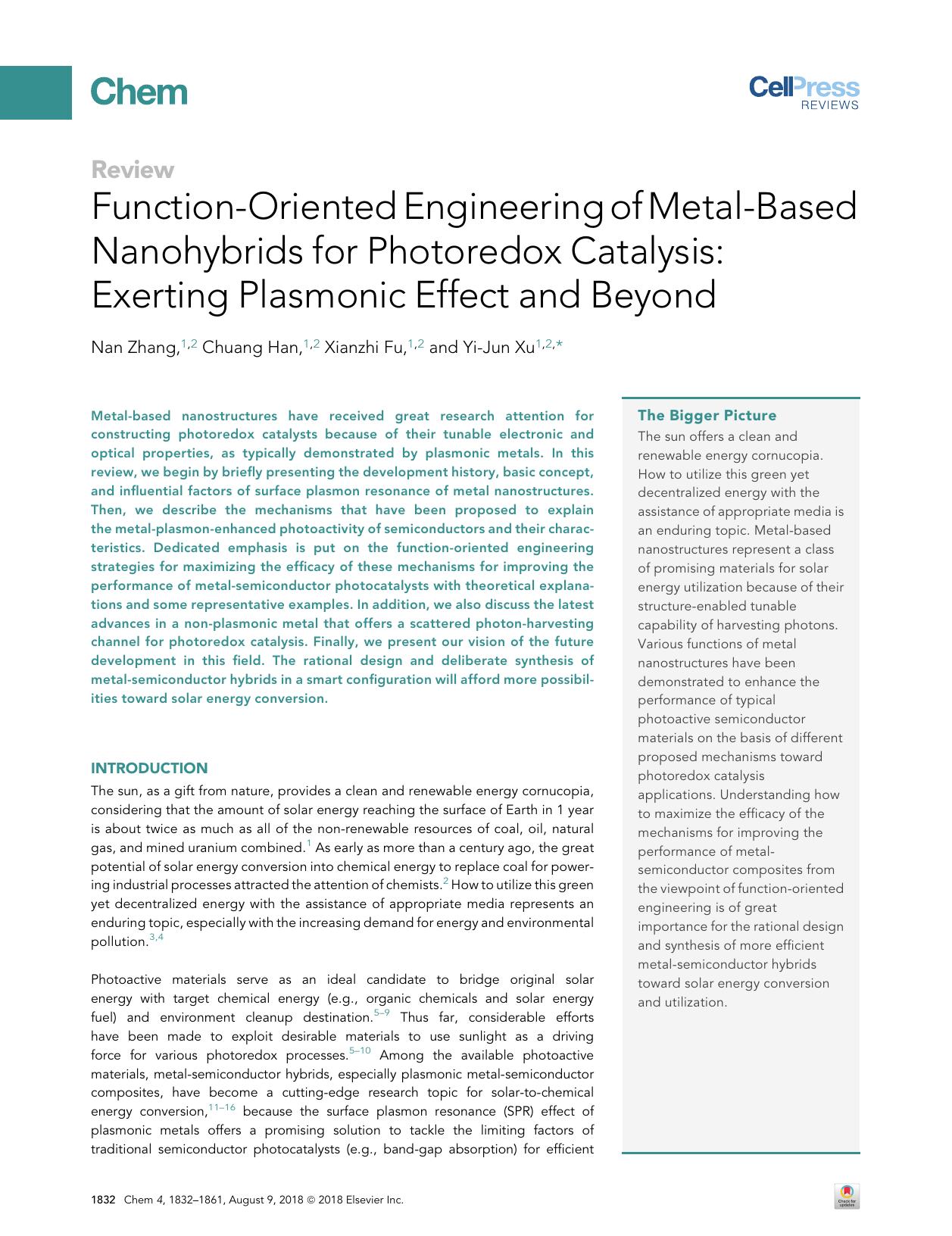 Function-Oriented Engineering of Metal-Based Nanohybrids for Photoredox Catalysis: Exerting Plasmonic Effect and Beyond by Nan Zhang & Chuang Han & Xianzhi Fu & Yi-Jun Xu