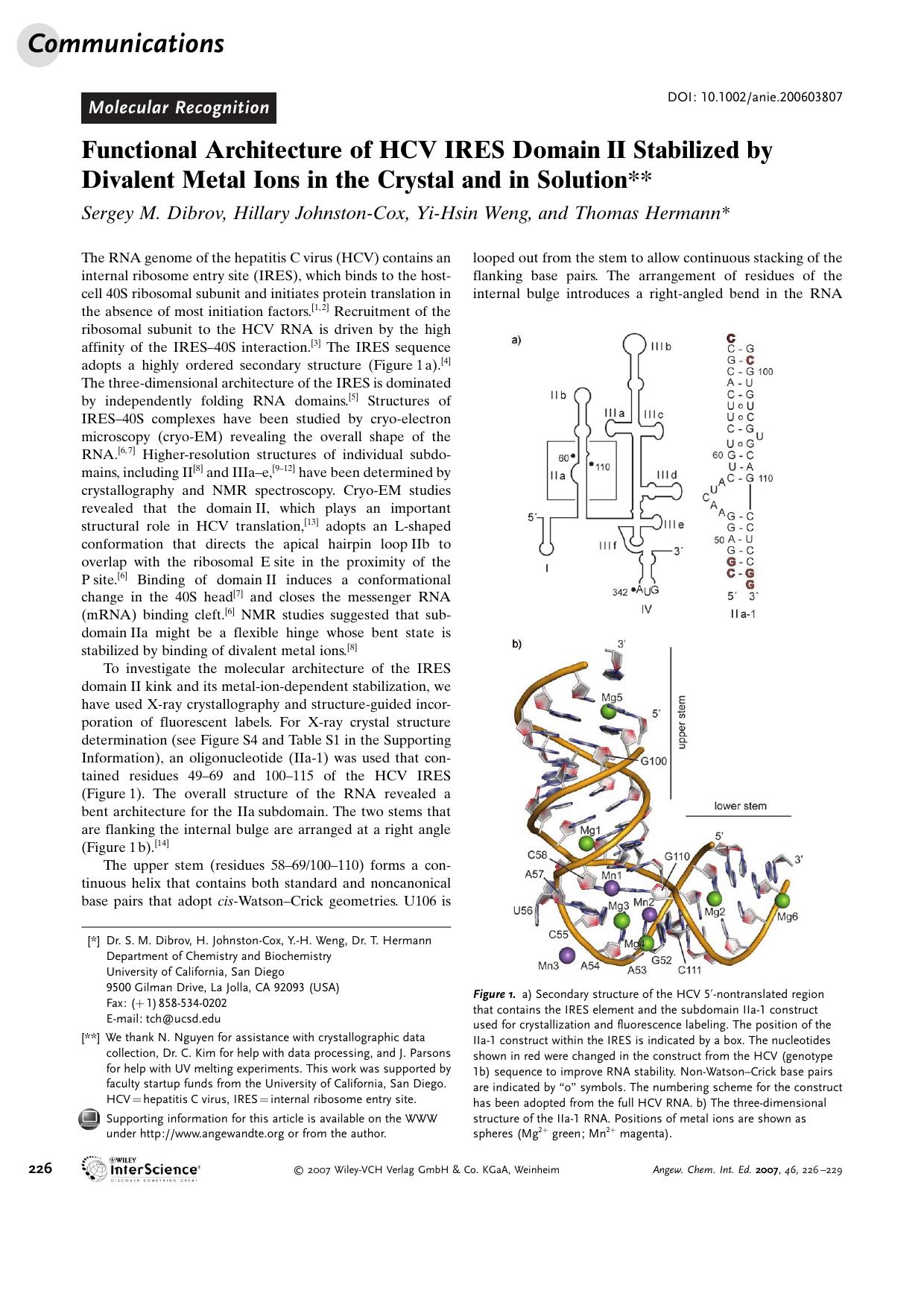 Functional Architecture of HCV IRES Domain[emsp14]II Stabilized by Divalent Metal Ions in the Crystal and in Solution by Unknown