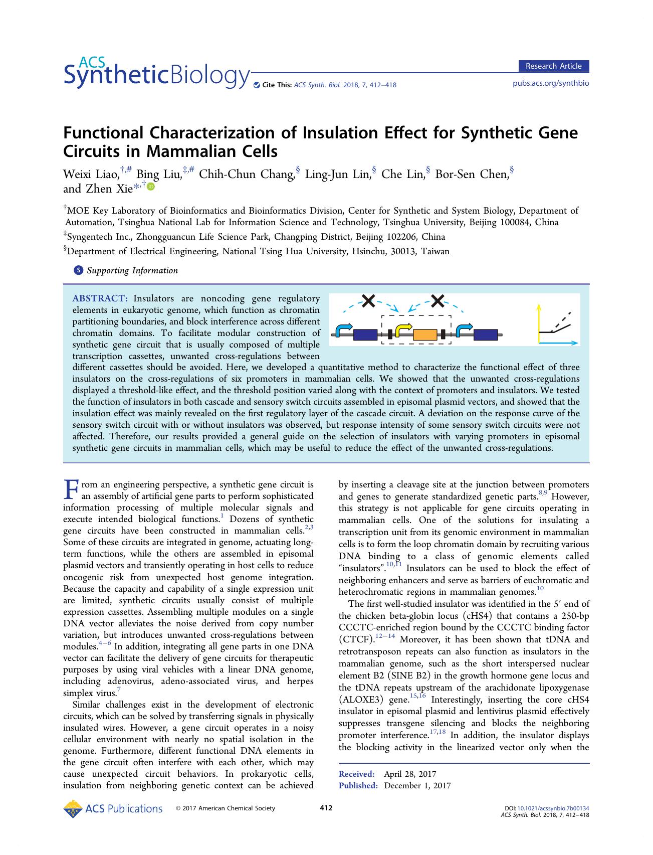 Functional Characterization of Insulation Effect for Synthetic Gene Circuits in Mammalian Cells by Weixi Liao Bing Liu Chih-Chun Chang Ling-Jun Lin Che Lin Bor-Sen Chen and Zhen Xie