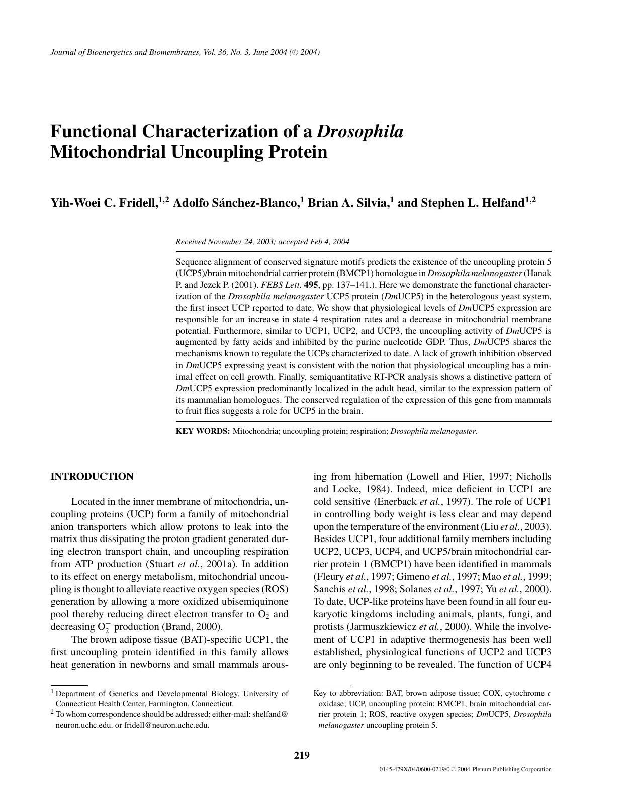 Functional Characterization of a <Emphasis Type="Italic">Drosophila<Emphasis> Mitochondrial Uncoupling Protein by Unknown