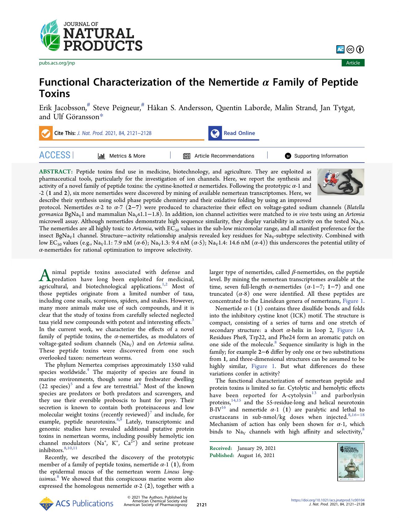 Functional Characterization of the Nemertide Î± Family of Peptide Toxins by unknow