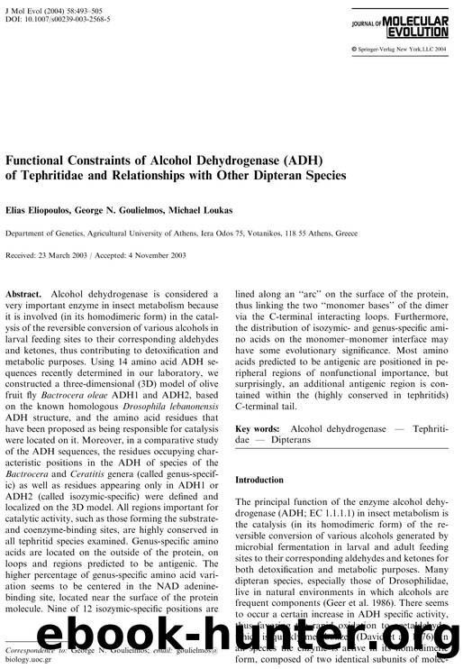 Functional Constraints of Alcohol Dehydrogenase (ADH) of Tephritidae and Relationships with Other Dipteran Species by Eliopoulos E. et al
