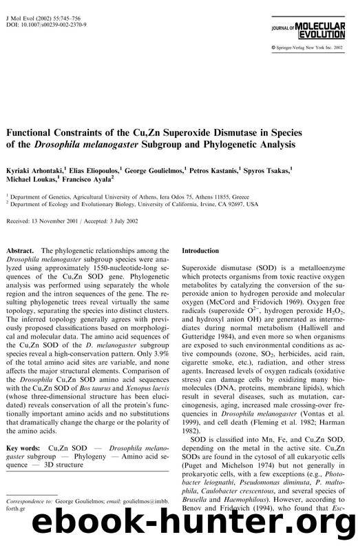 Functional Constraints of the Cu,Zn Superoxide Dismutase in Species of the Drosophila melanogaster Subgroup and Phylogenetic Analysis by Arhontaki K. et al