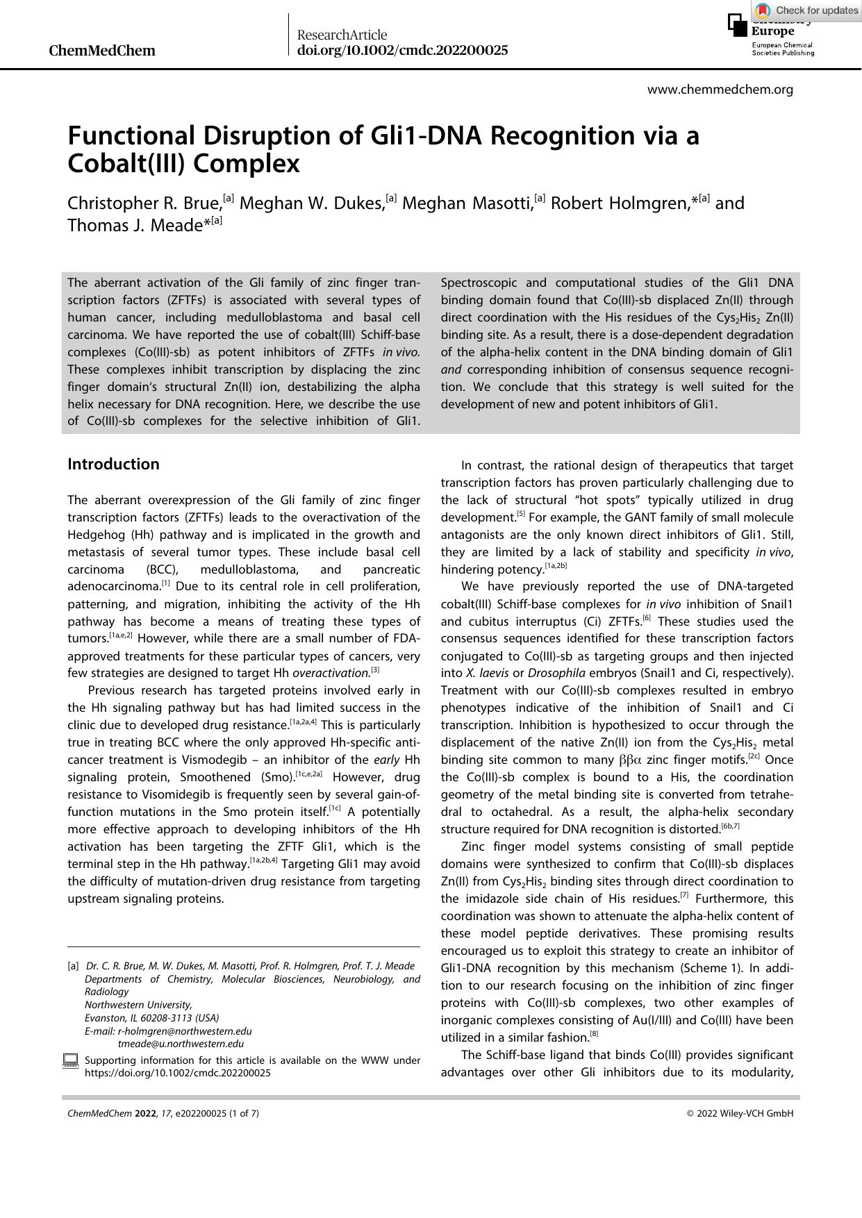 Functional Disruption of Gli1âDNA Recognition via a Cobalt(III) Complex by Unknown