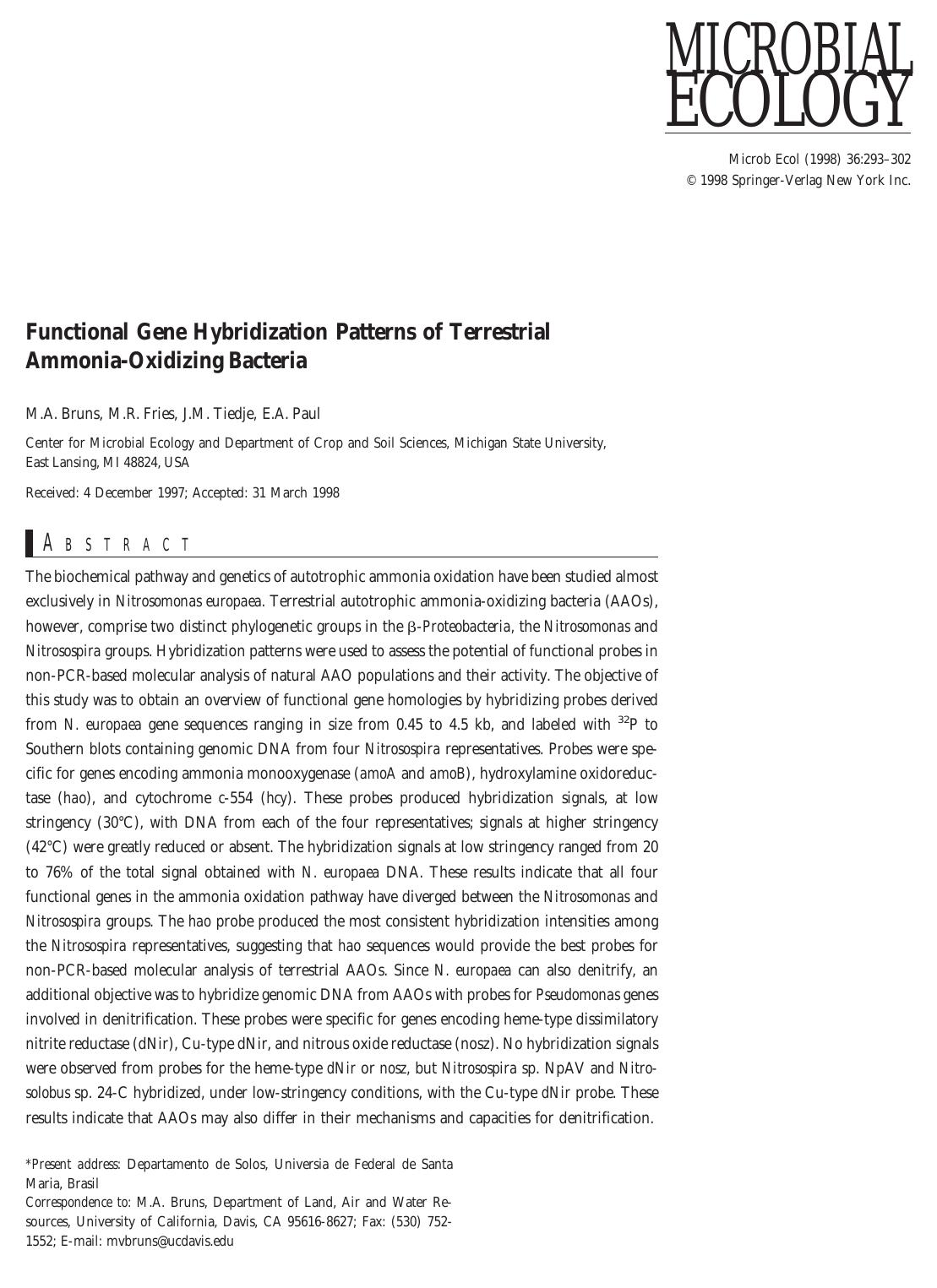 Functional Gene Hybridization Patterns of Terrestrial Ammonia-Oxidizing Bacteria by Bruns M. et al