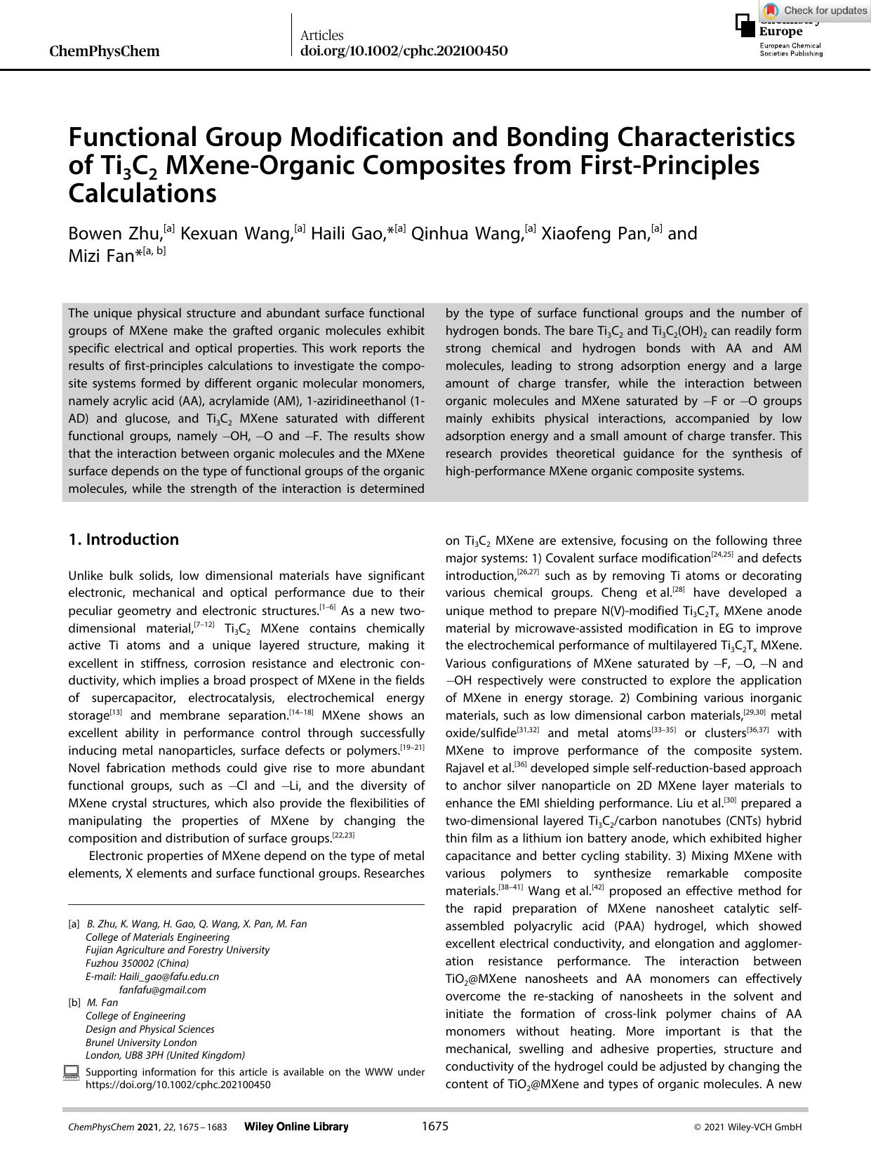 Functional Group Modification and Bonding Characteristics of Ti3C2 MXeneâOrganic Composites from FirstâPrinciples Calculations by Unknown